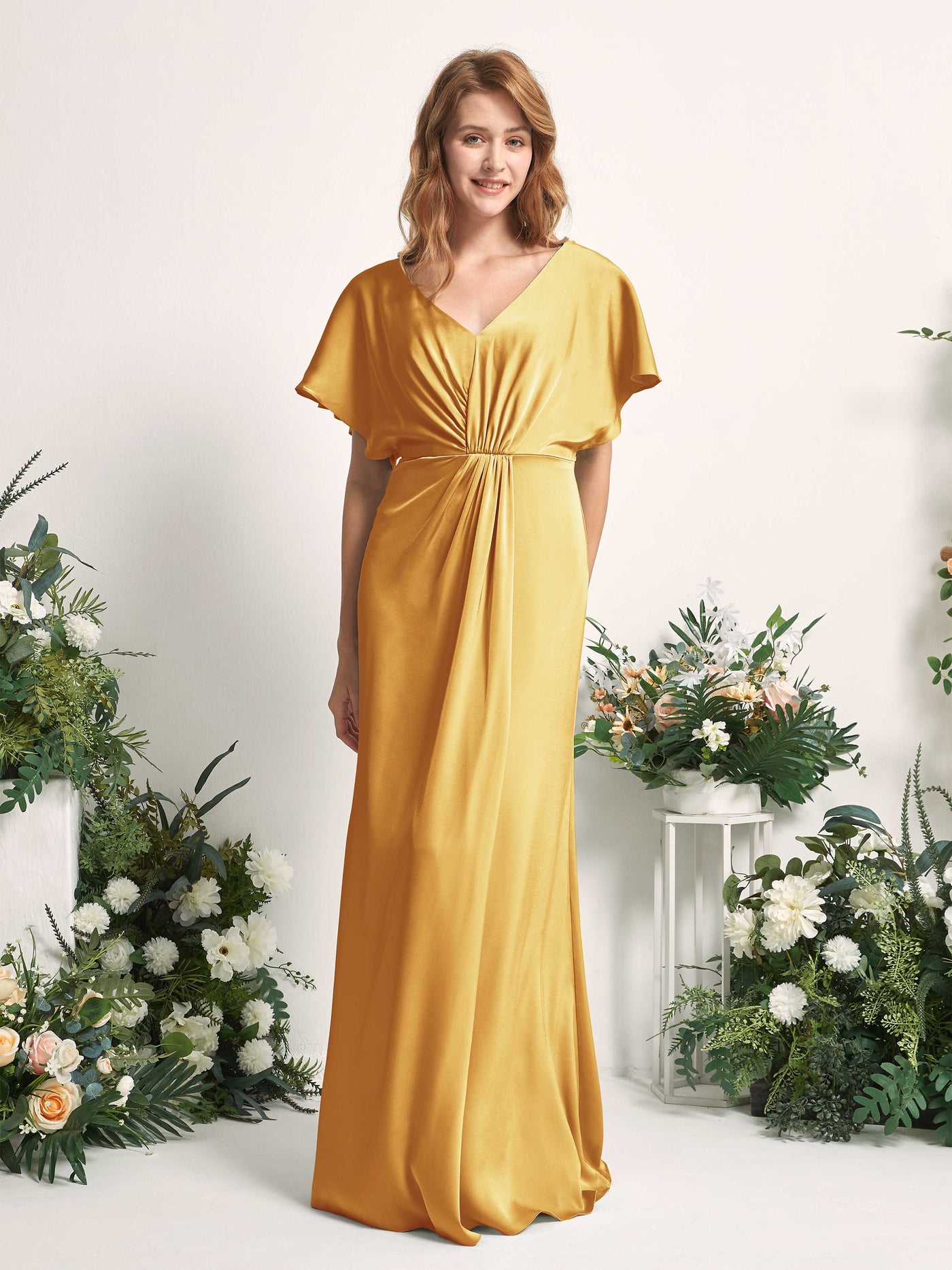 Carlyna A-Linien-Kleid V-Ausschnitt Flatterärmel bodenlanges Brautjungfernkleid Kanariengelb #farbe_kanariengelb