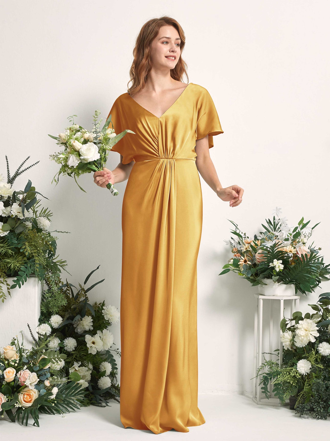 Carlyna A-Linien-Kleid V-Ausschnitt Flatterärmel bodenlanges Brautjungfernkleid Kanariengelb #farbe_kanariengelb
