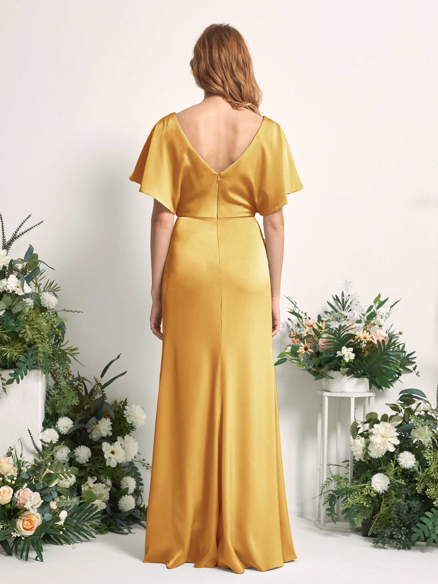 Carlyna A-Linien-Kleid V-Ausschnitt Flatterärmel bodenlanges Brautjungfernkleid Kanariengelb #farbe_kanariengelb