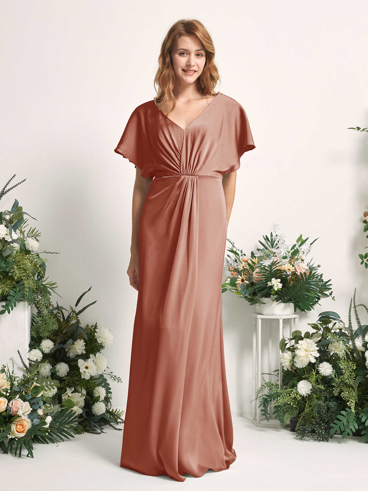 Carlyna A-Linien-Kleid V-Ausschnitt Flatterärmel bodenlanges Brautjungfernkleid Natur-Siena 