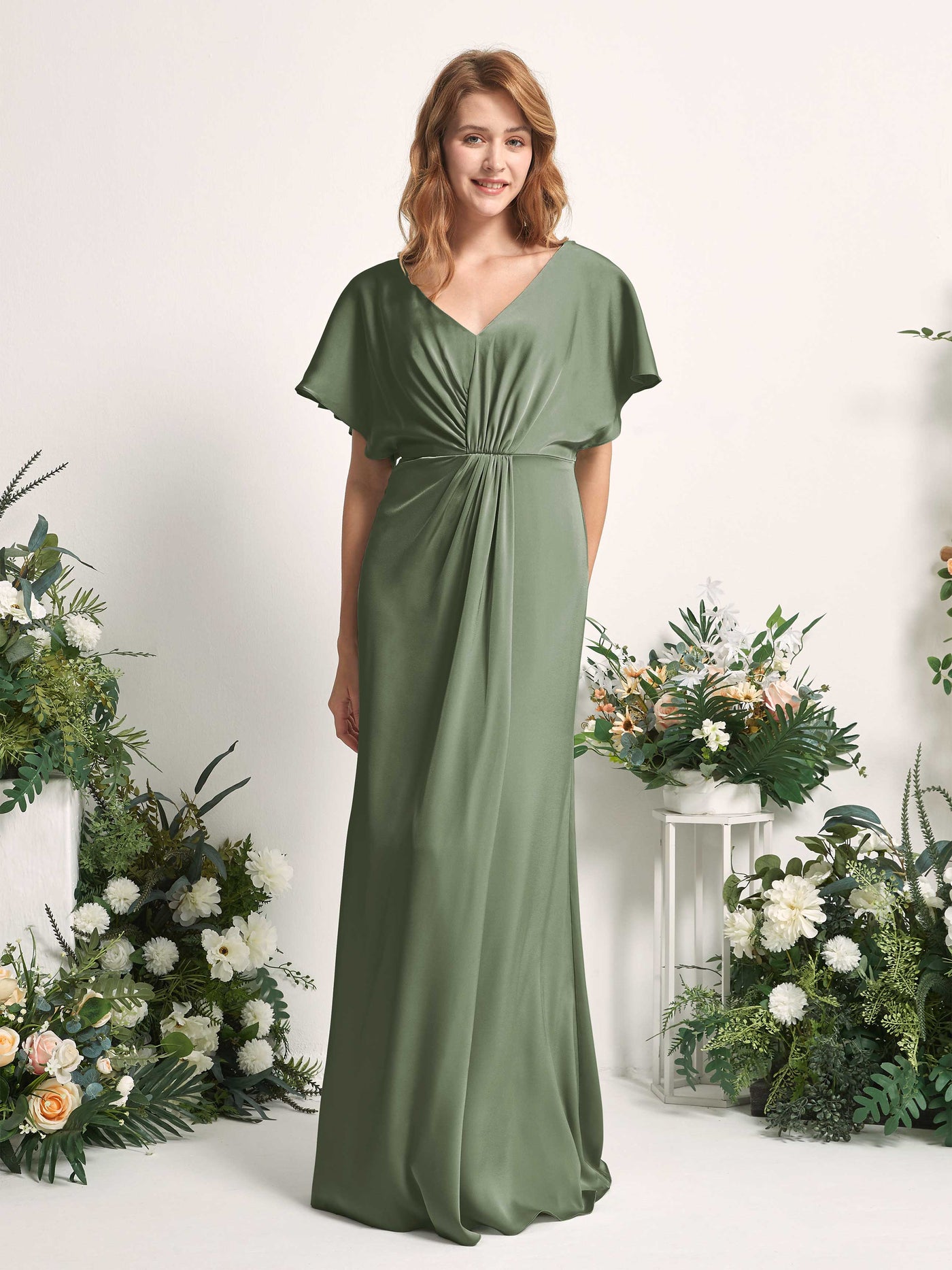 Carlyna A-Linien-Kleid V-Ausschnitt Flatterärmel bodenlanges Brautjungfernkleid Olivgrün #farbe_olivgr-n