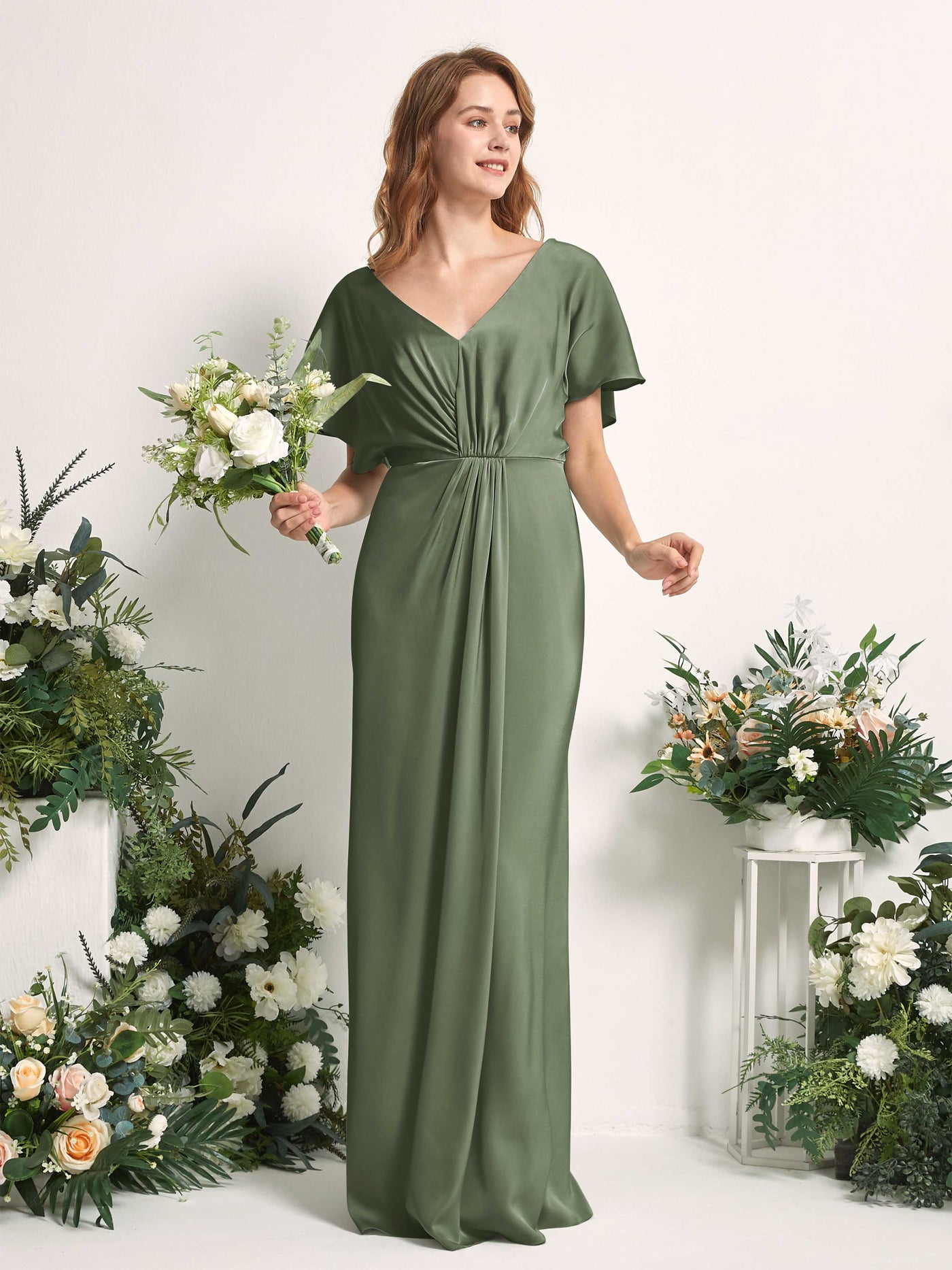 Carlyna A-Linien-Kleid V-Ausschnitt Flatterärmel bodenlanges Brautjungfernkleid Olivgrün #farbe_olivgr-n