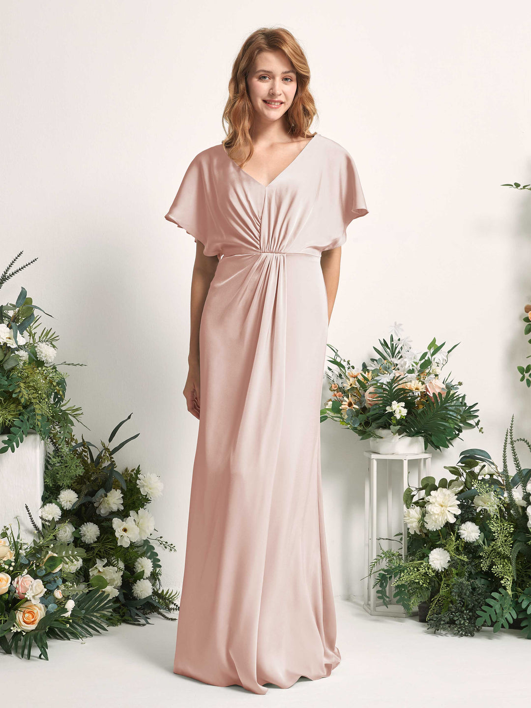 Carlyna A-Linien-Kleid V-Ausschnitt Flatterärmel bodenlanges Brautjungfernkleid Perlrosa 