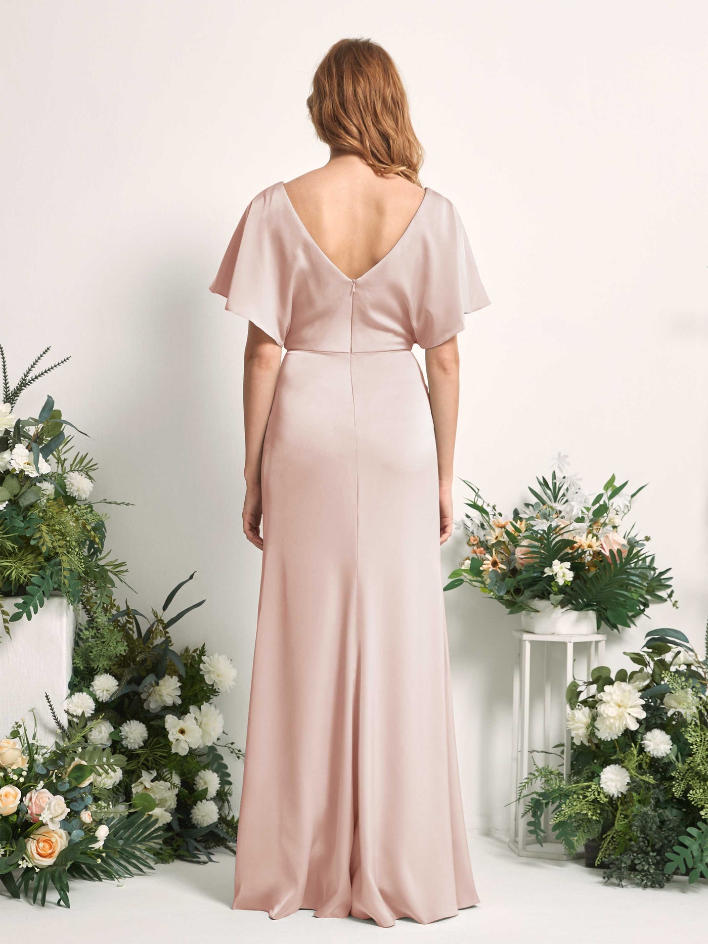 Carlyna A-Linien-Kleid V-Ausschnitt Flatterärmel bodenlanges Brautjungfernkleid Perlrosa #farbe_perlrosa