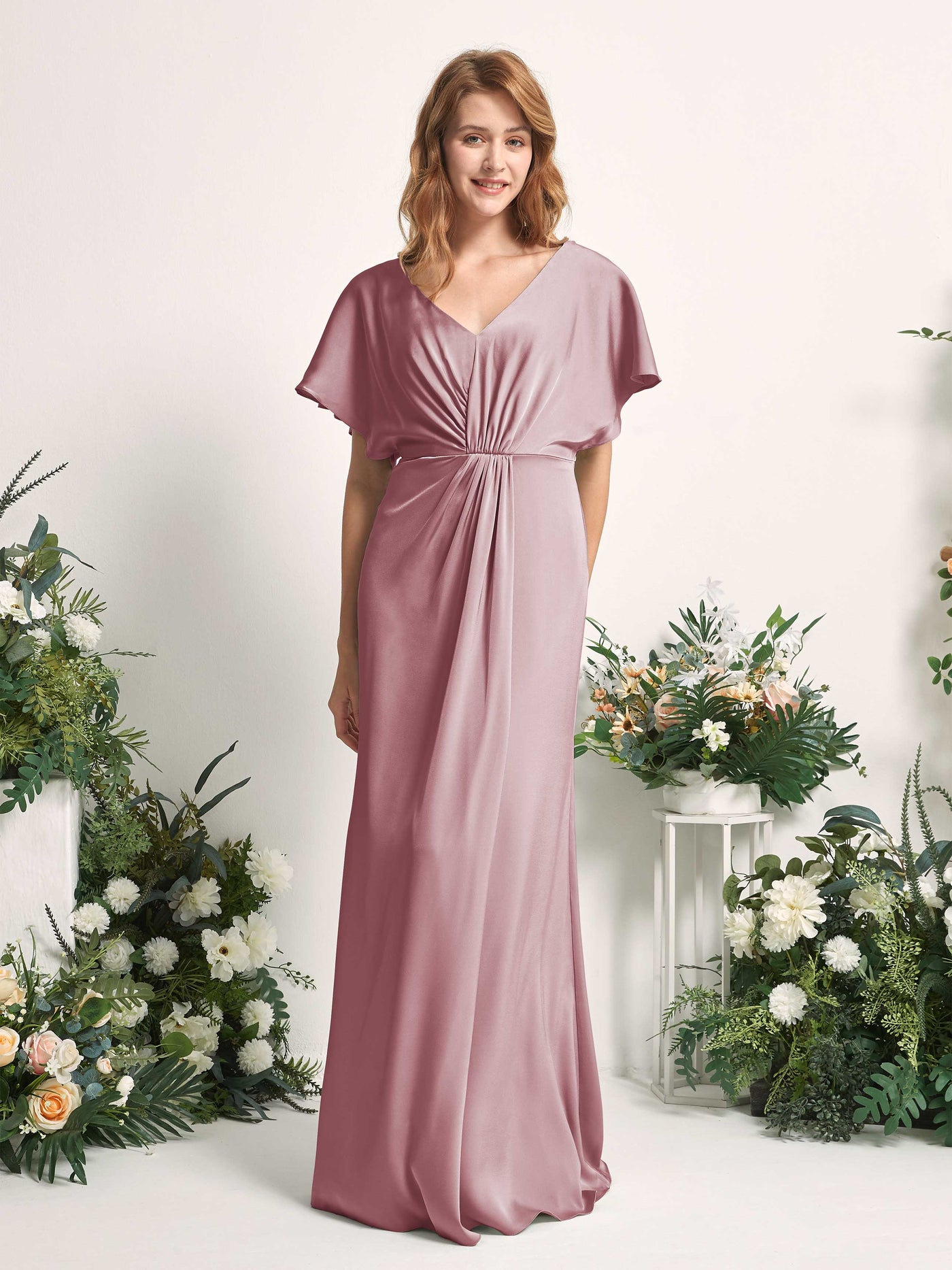 Carlyna A-Linien-Kleid V-Ausschnitt Flatterärmel bodenlanges Brautjungfernkleid Rosenquarz #farbe_rosenquarz