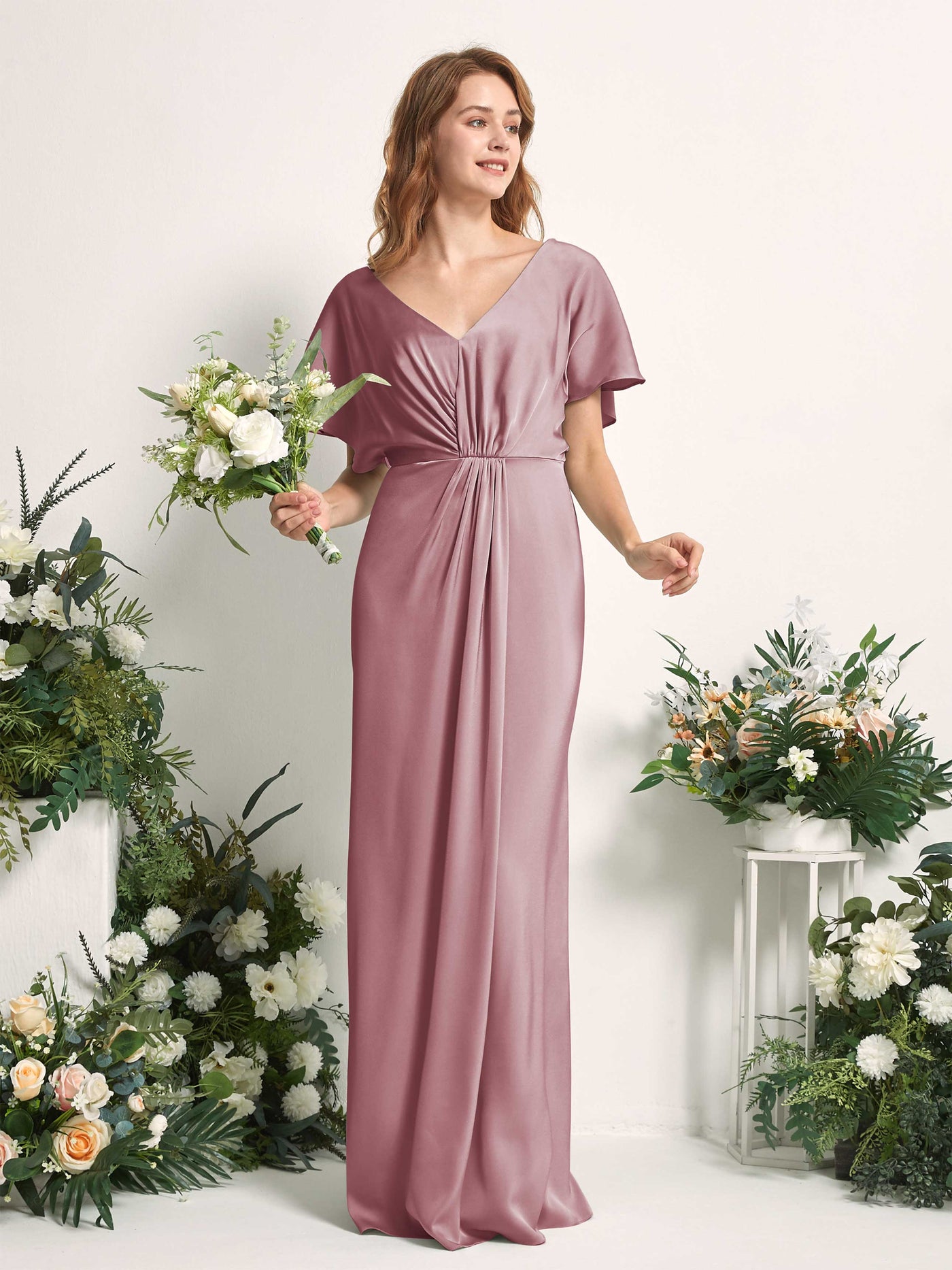 Carlyna A-Linien-Kleid V-Ausschnitt Flatterärmel bodenlanges Brautjungfernkleid Rosenquarz #farbe_rosenquarz
