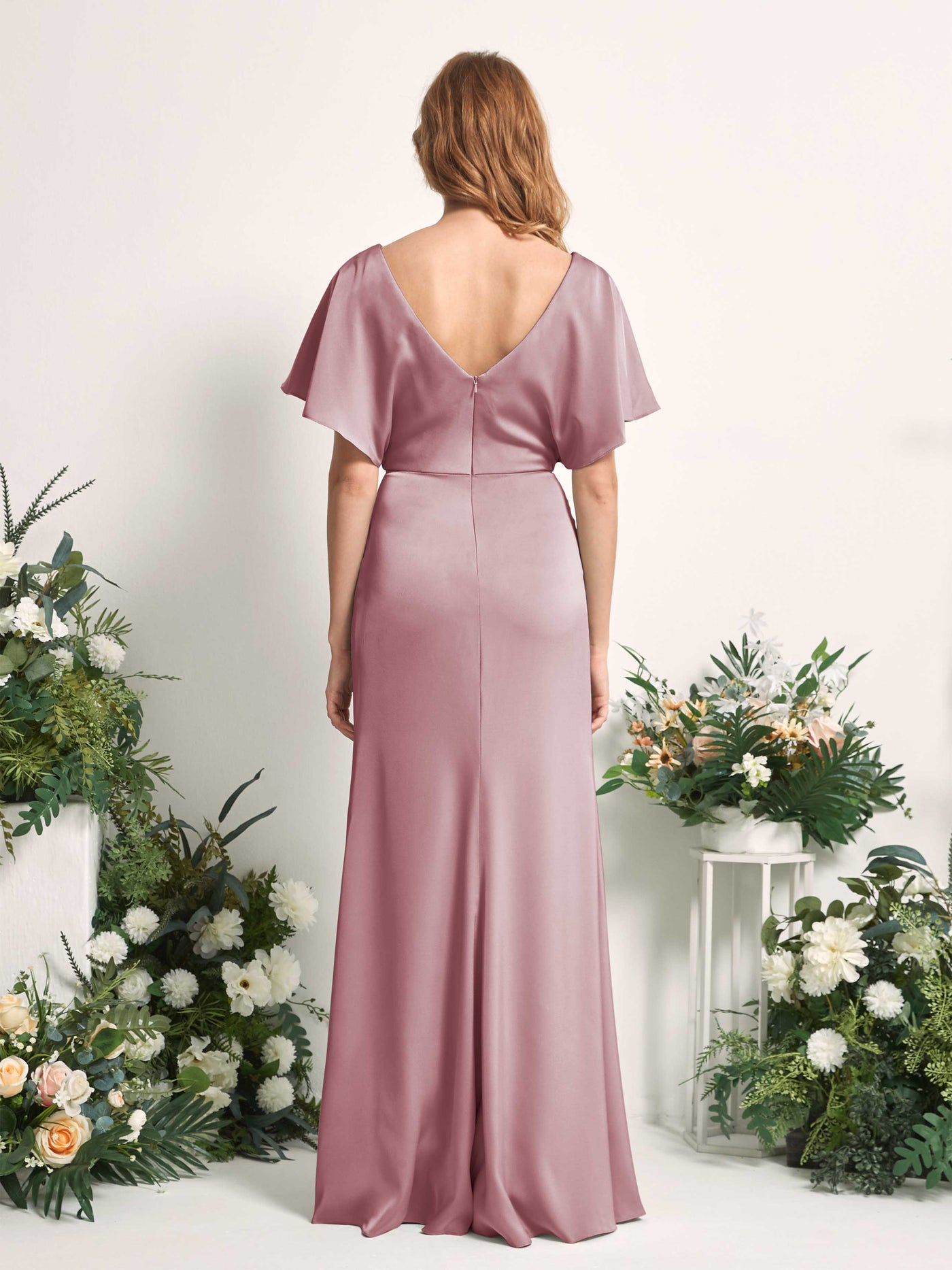 Carlyna A-Linien-Kleid V-Ausschnitt Flatterärmel bodenlanges Brautjungfernkleid Rosenquarz #farbe_rosenquarz