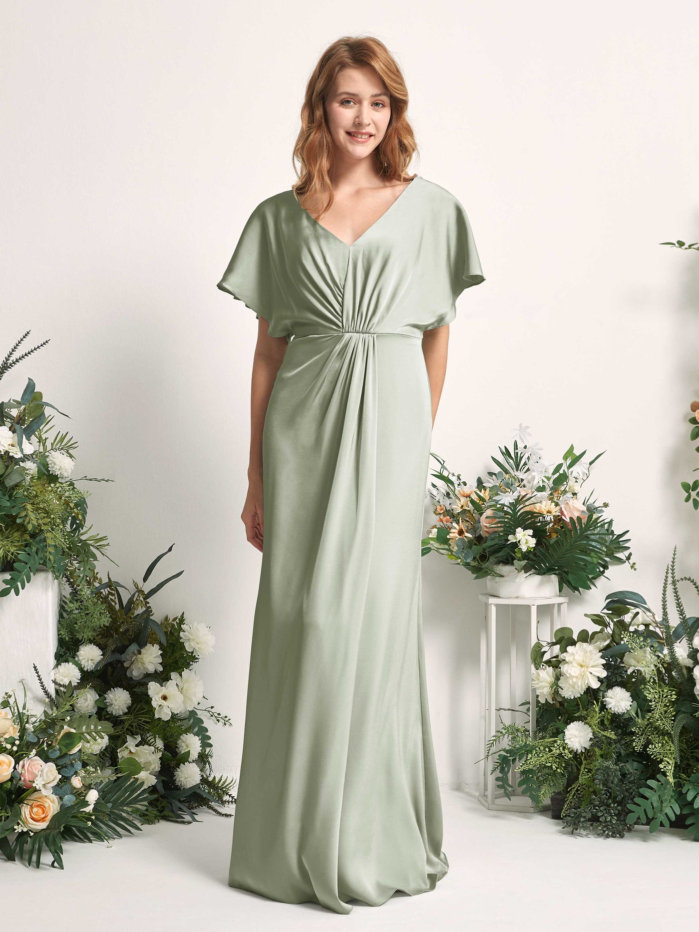 Carlyna A-Linien-Kleid V-Ausschnitt Flatterärmel bodenlanges Brautjungfernkleid Salbeigrün #farbe_salbeigr-n