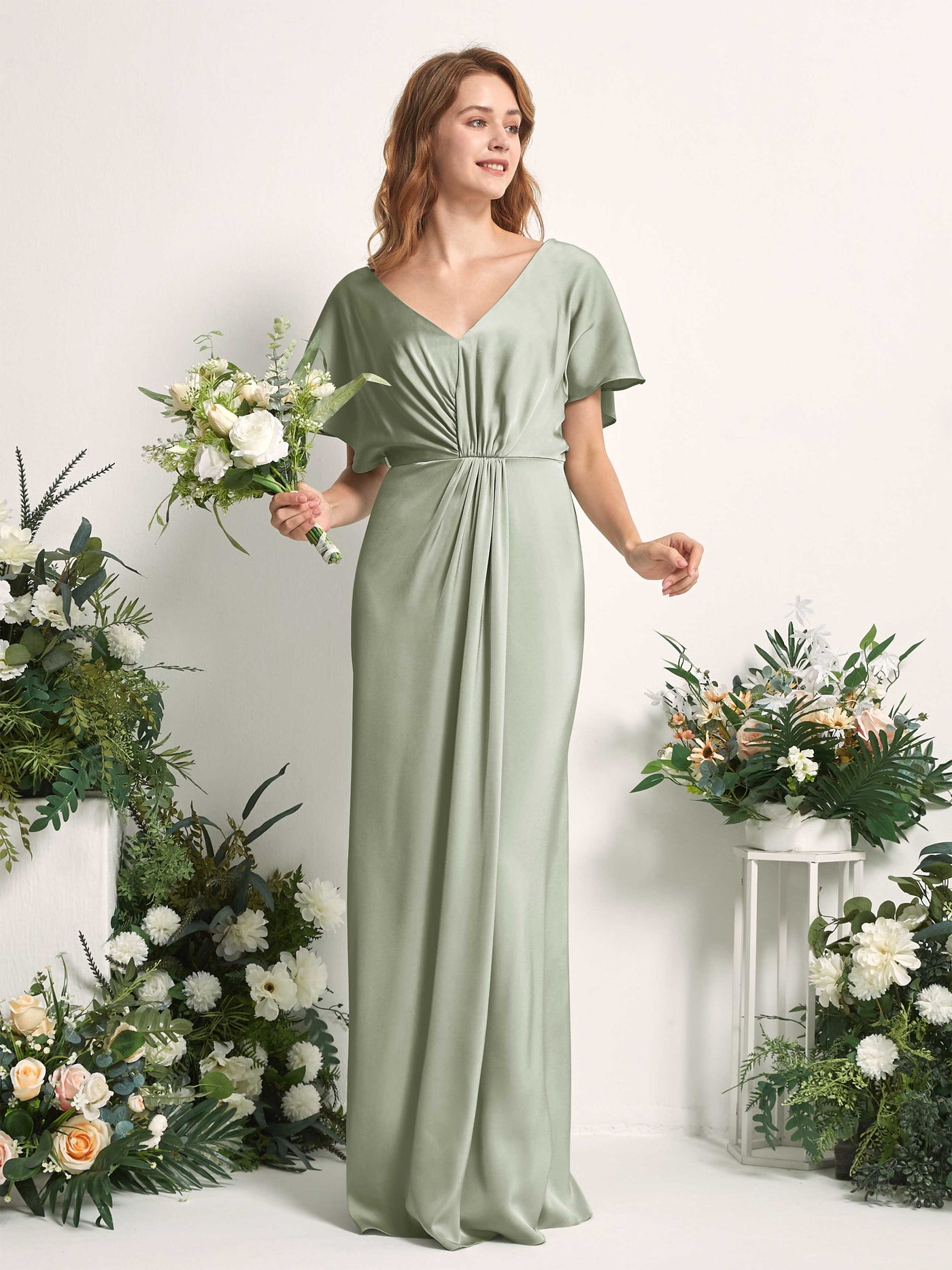 Carlyna A-Linien-Kleid V-Ausschnitt Flatterärmel bodenlanges Brautjungfernkleid Salbeigrün #farbe_salbeigr-n
