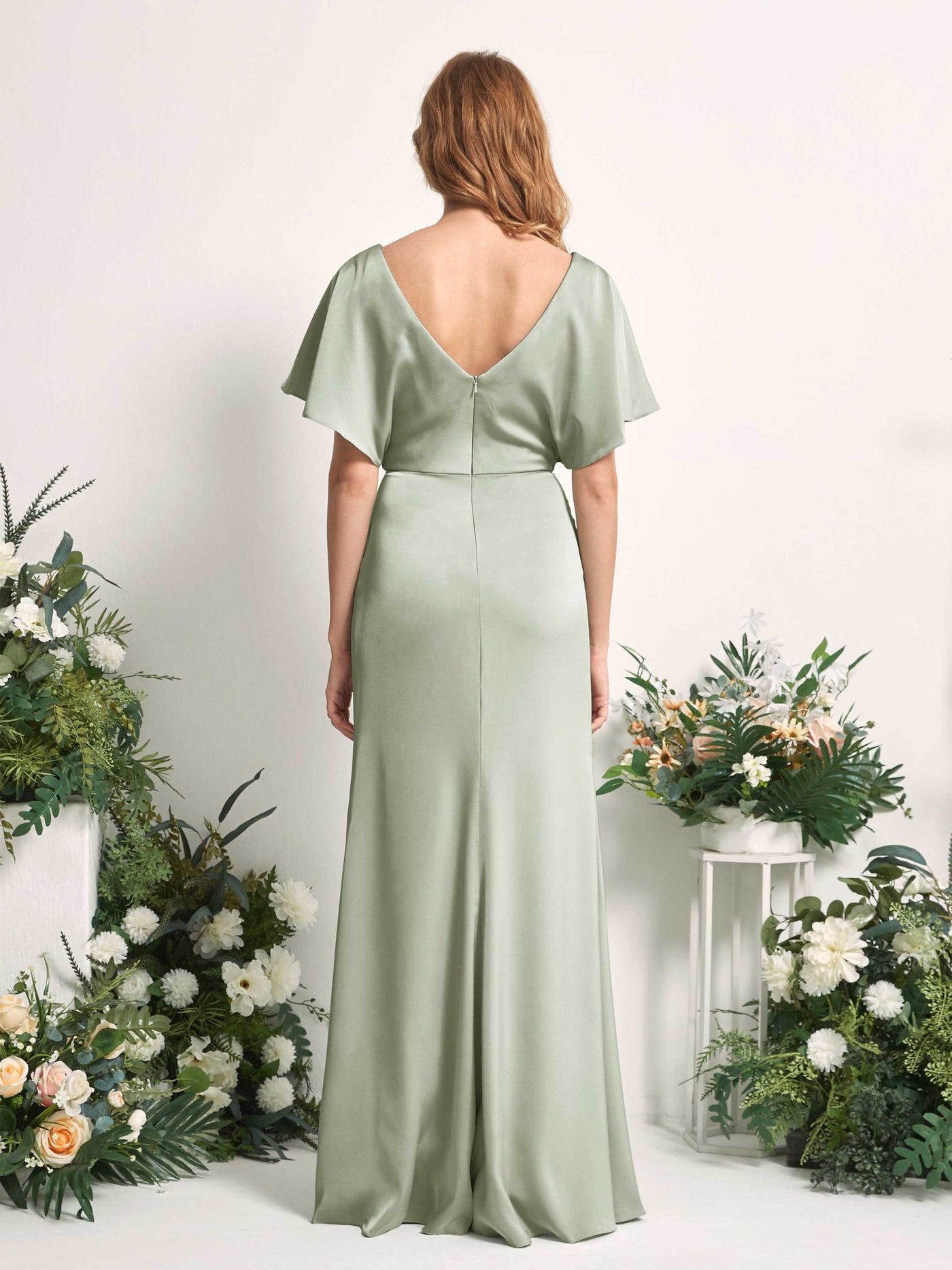 Carlyna A-Linien-Kleid V-Ausschnitt Flatterärmel bodenlanges Brautjungfernkleid Salbeigrün #farbe_salbeigr-n