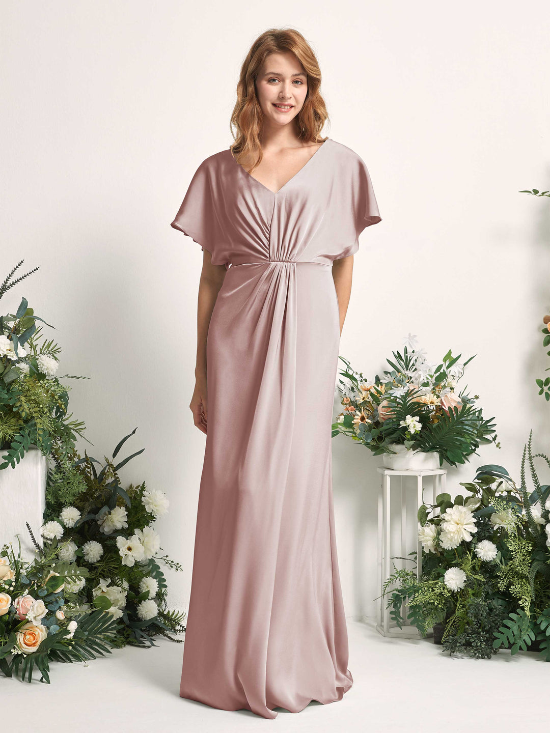 Carlyna A-Linien-Kleid V-Ausschnitt Flatterärmel bodenlanges Brautjungfernkleid Staubige Rose 