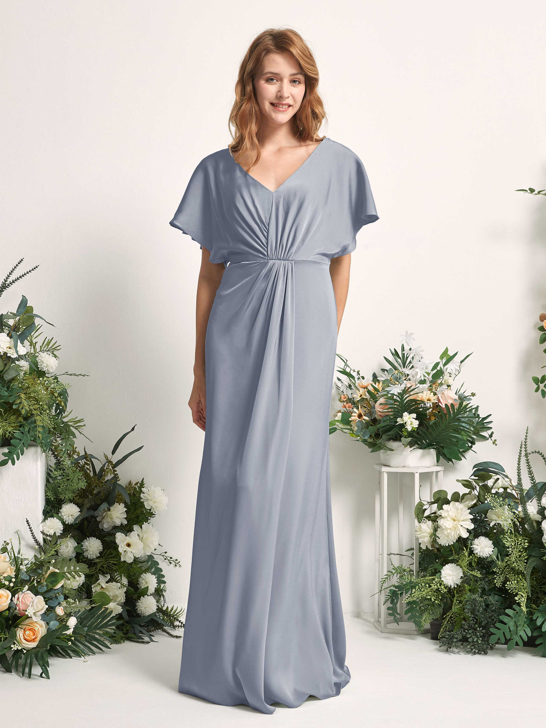 Carlyna A-Linien-Kleid V-Ausschnitt Flatterärmel bodenlanges Brautjungfernkleid Staubiges Blau 