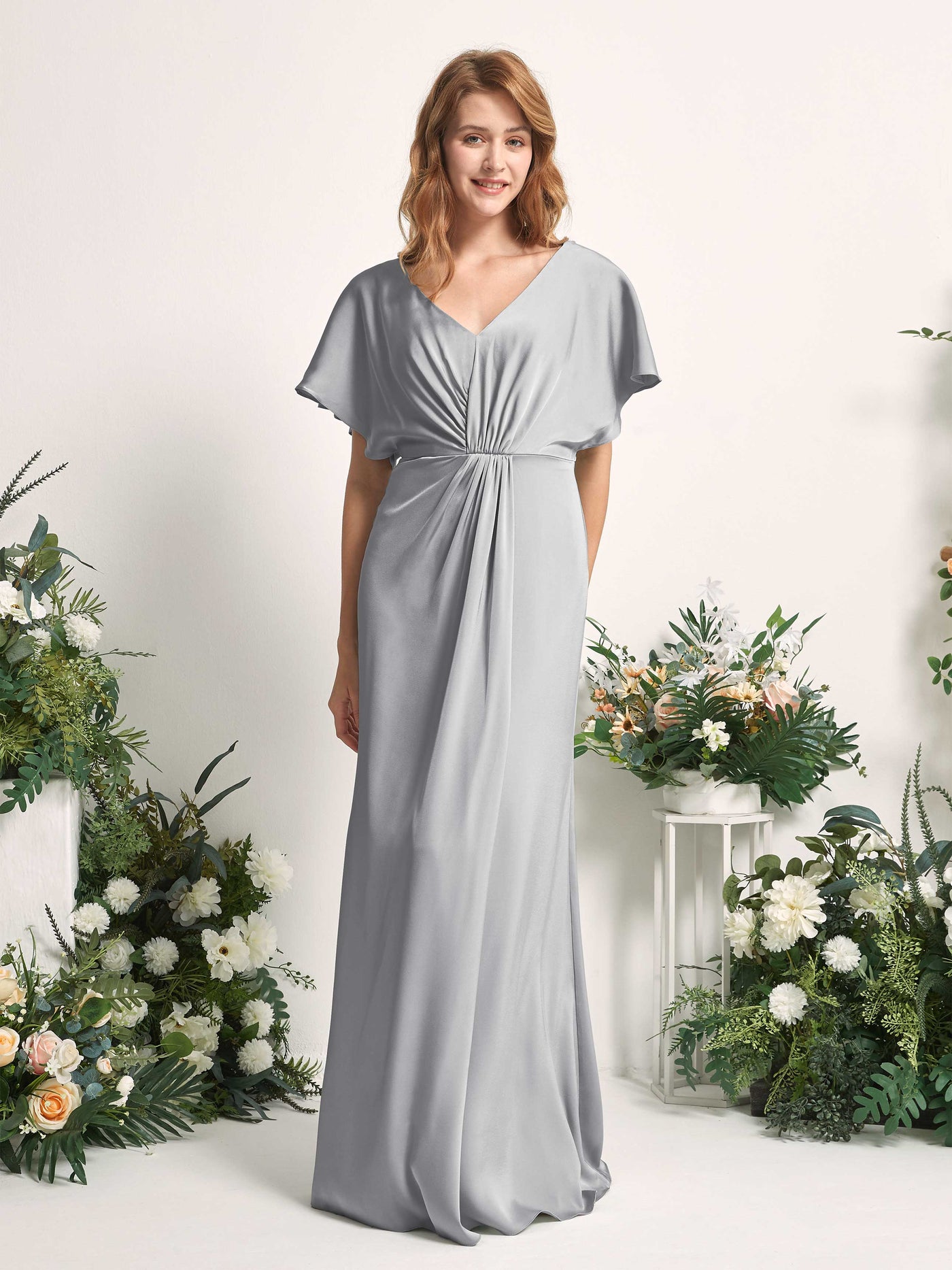 Carlyna A-Linien-Kleid V-Ausschnitt Flatterärmel bodenlanges Brautjungfernkleid Taube #farbe_taube