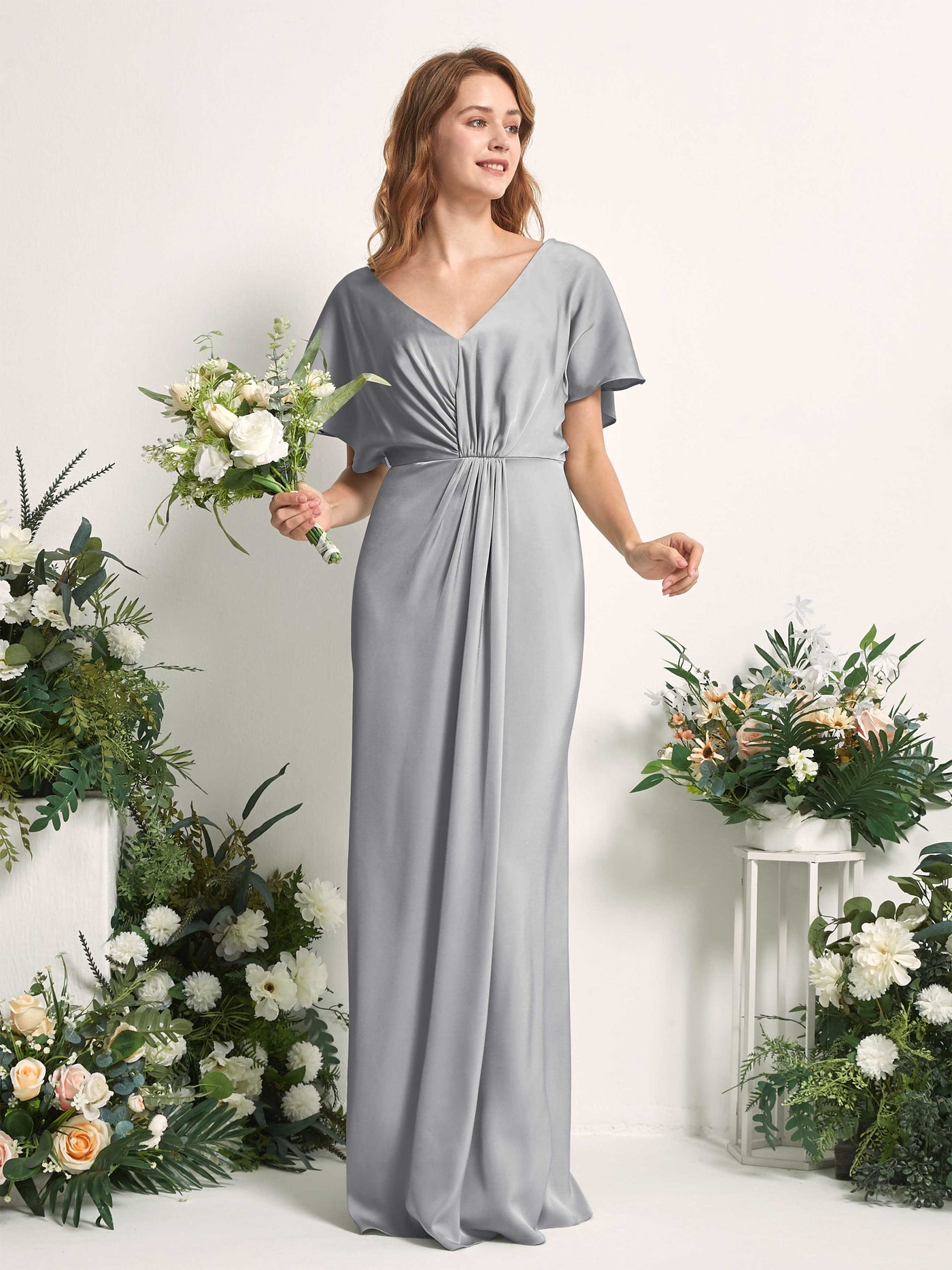 Carlyna A-Linien-Kleid V-Ausschnitt Flatterärmel bodenlanges Brautjungfernkleid Taube #farbe_taube