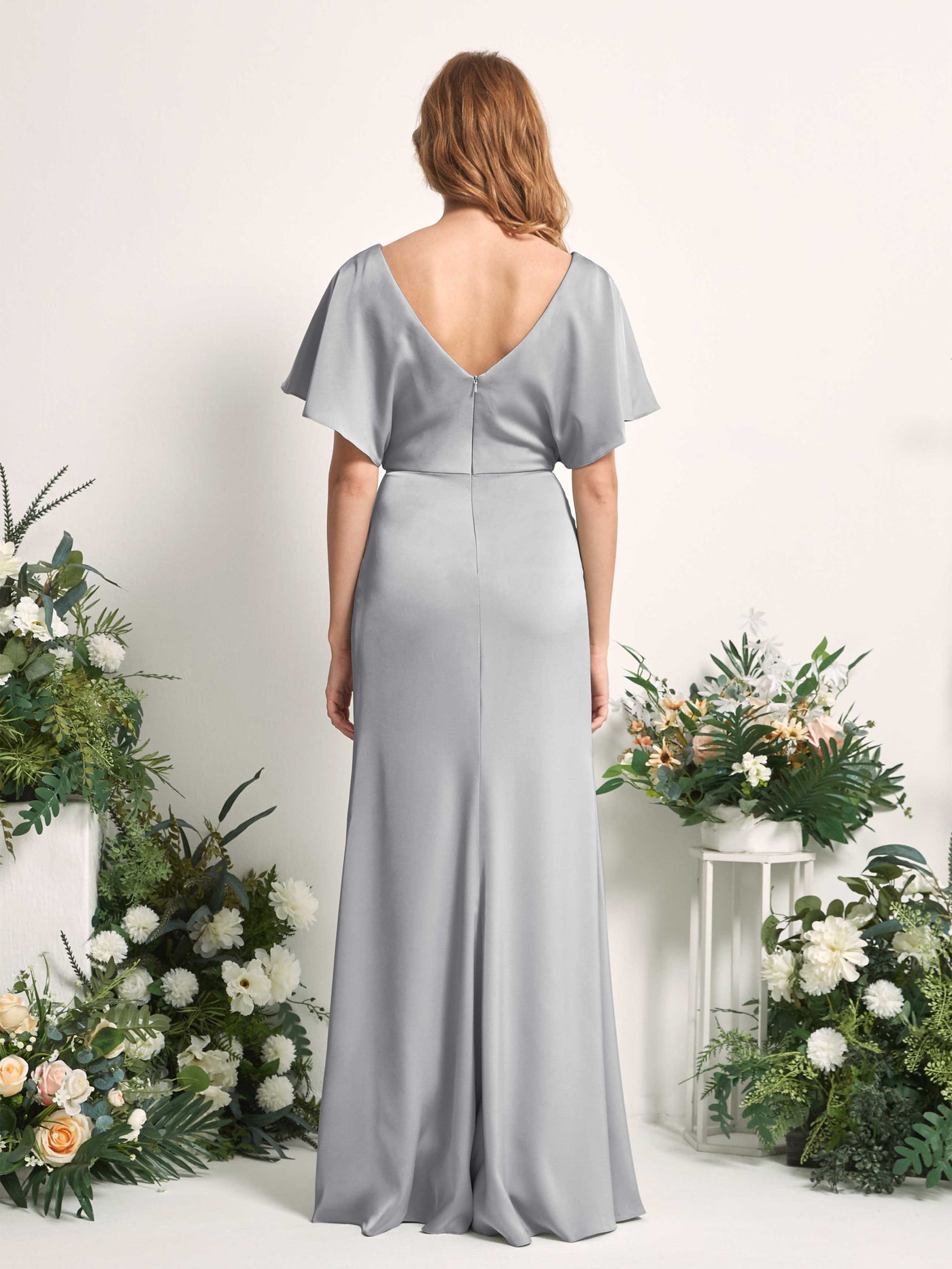 Carlyna A-Linien-Kleid V-Ausschnitt Flatterärmel bodenlanges Brautjungfernkleid Taube #farbe_taube