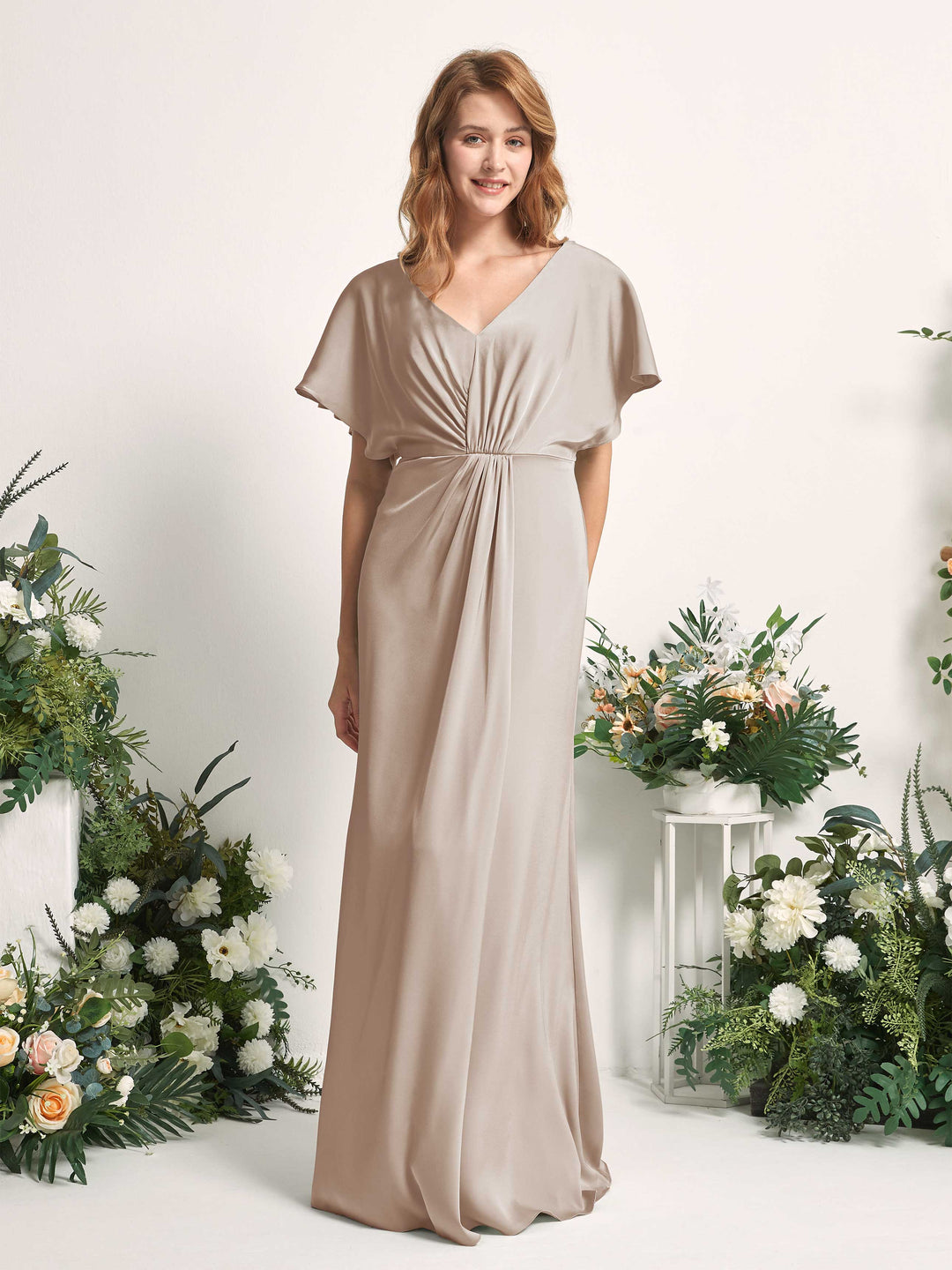 Carlyna A-Linien-Kleid V-Ausschnitt Flatterärmel bodenlanges Brautjungfernkleid Taupe 
