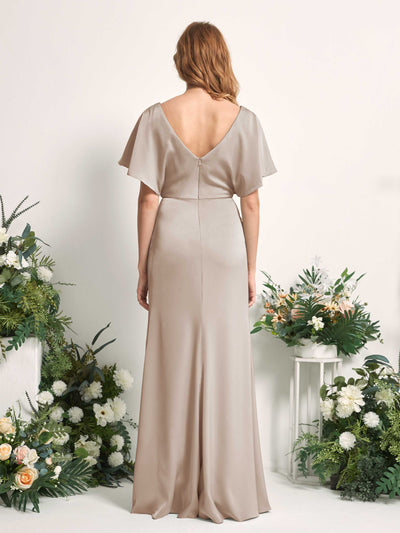 Carlyna A-Linien-Kleid V-Ausschnitt Flatterärmel bodenlanges Brautjungfernkleid Taupe #farbe_taupe