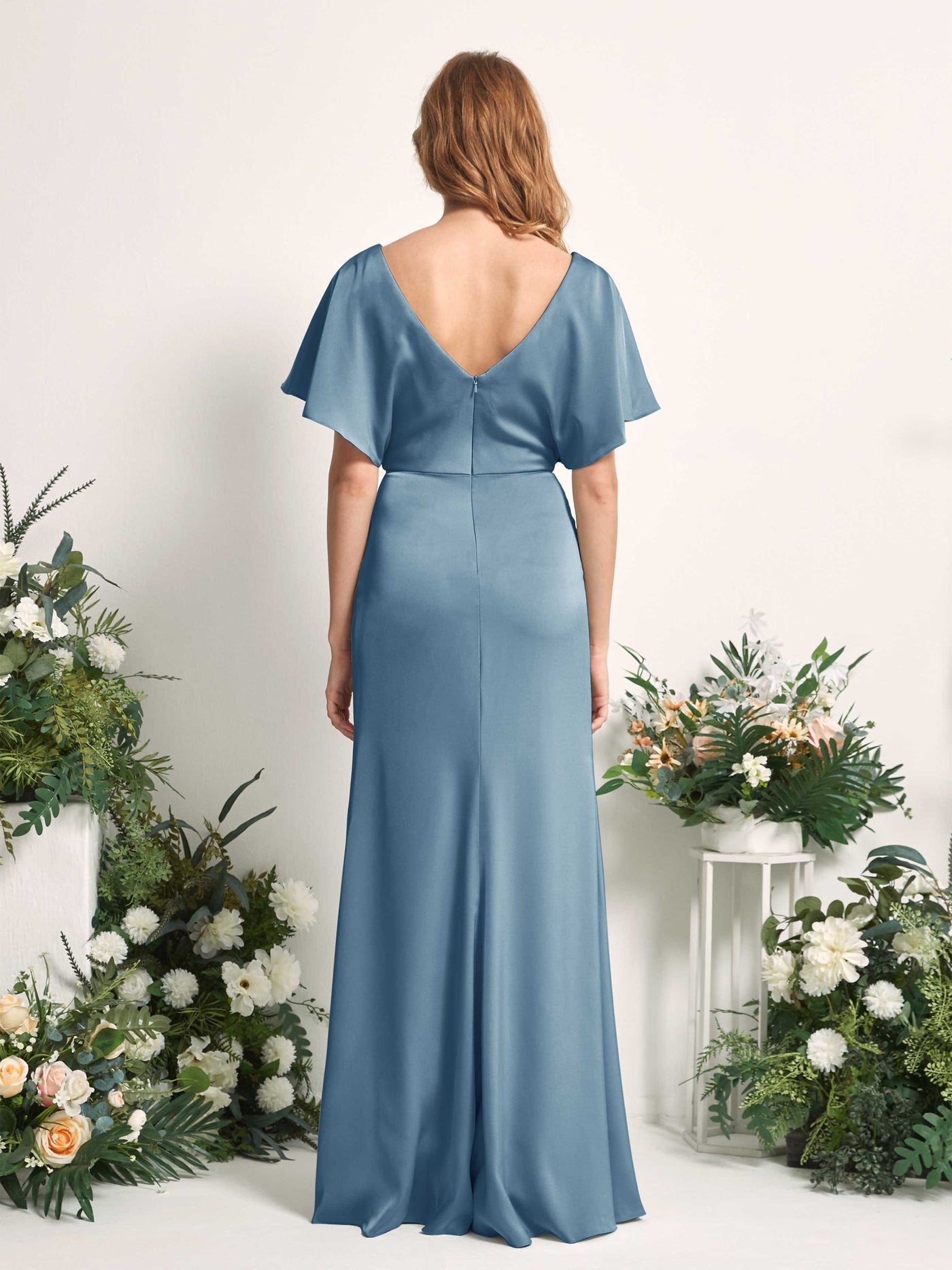 Carlyna A-Linien-Kleid V-Ausschnitt Flatterärmel bodenlanges Brautjungfernkleid Tinte Blau #farbe_tinte-blau