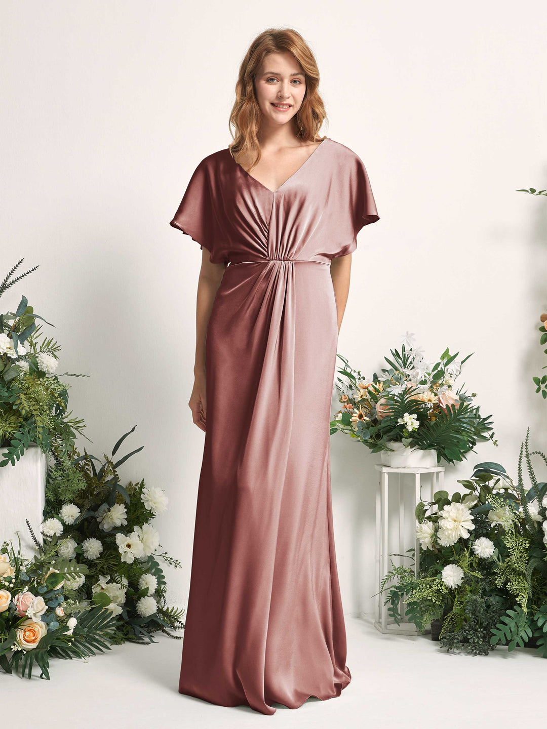 Carlyna A-Linien-Kleid V-Ausschnitt Flatterärmel bodenlanges Brautjungfernkleid Wüstenrose 