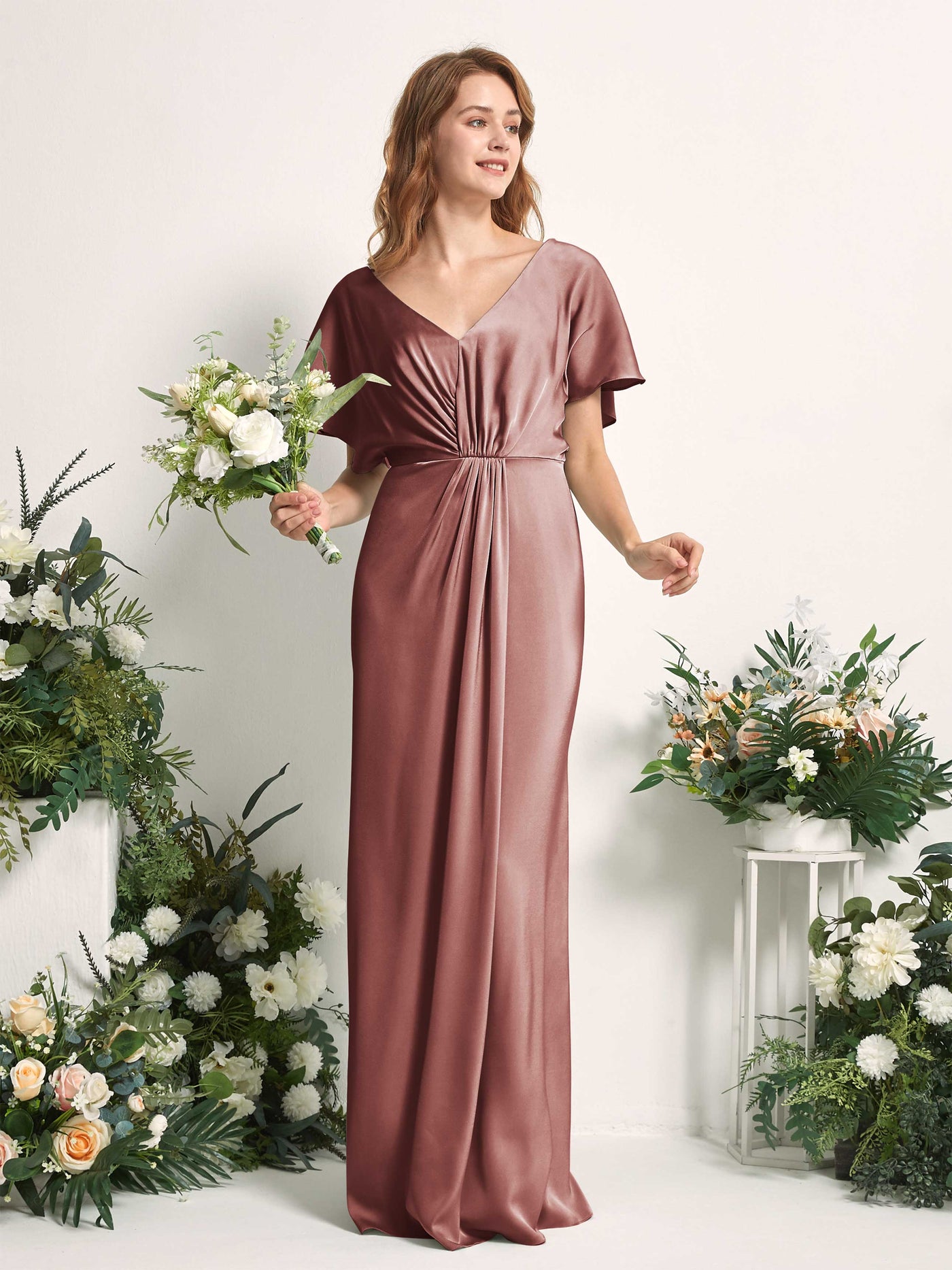 Carlyna A-Linien-Kleid V-Ausschnitt Flatterärmel bodenlanges Brautjungfernkleid Wüstenrose #farbe_w-stenrose
