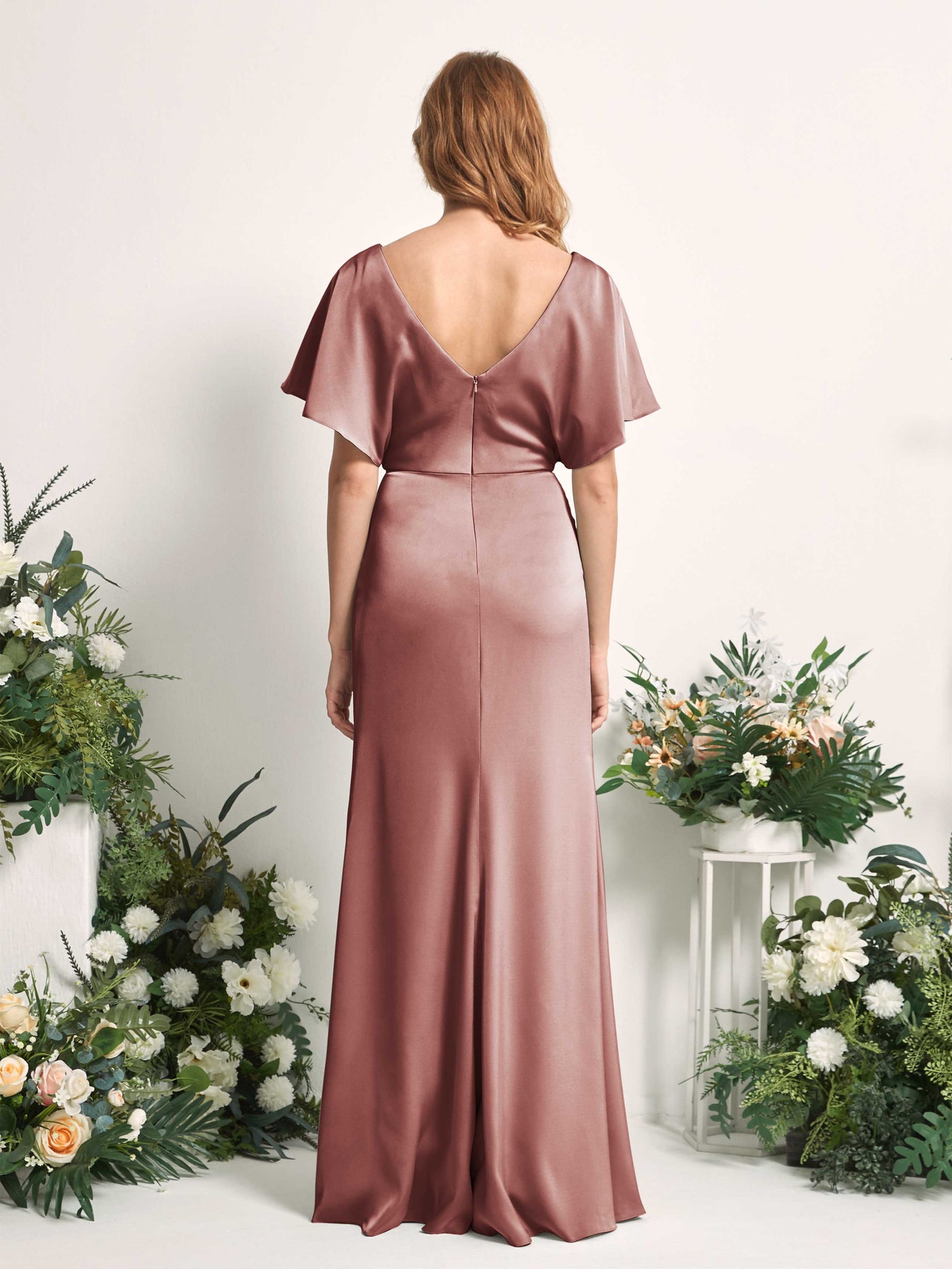 Carlyna A-Linien-Kleid V-Ausschnitt Flatterärmel bodenlanges Brautjungfernkleid Wüstenrose #farbe_w-stenrose