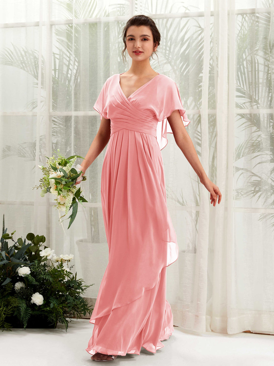 Carlyna A-Linien-Kleid V-Ausschnitt Flatterärmel Brautjungfernkleider Ballettrosa 