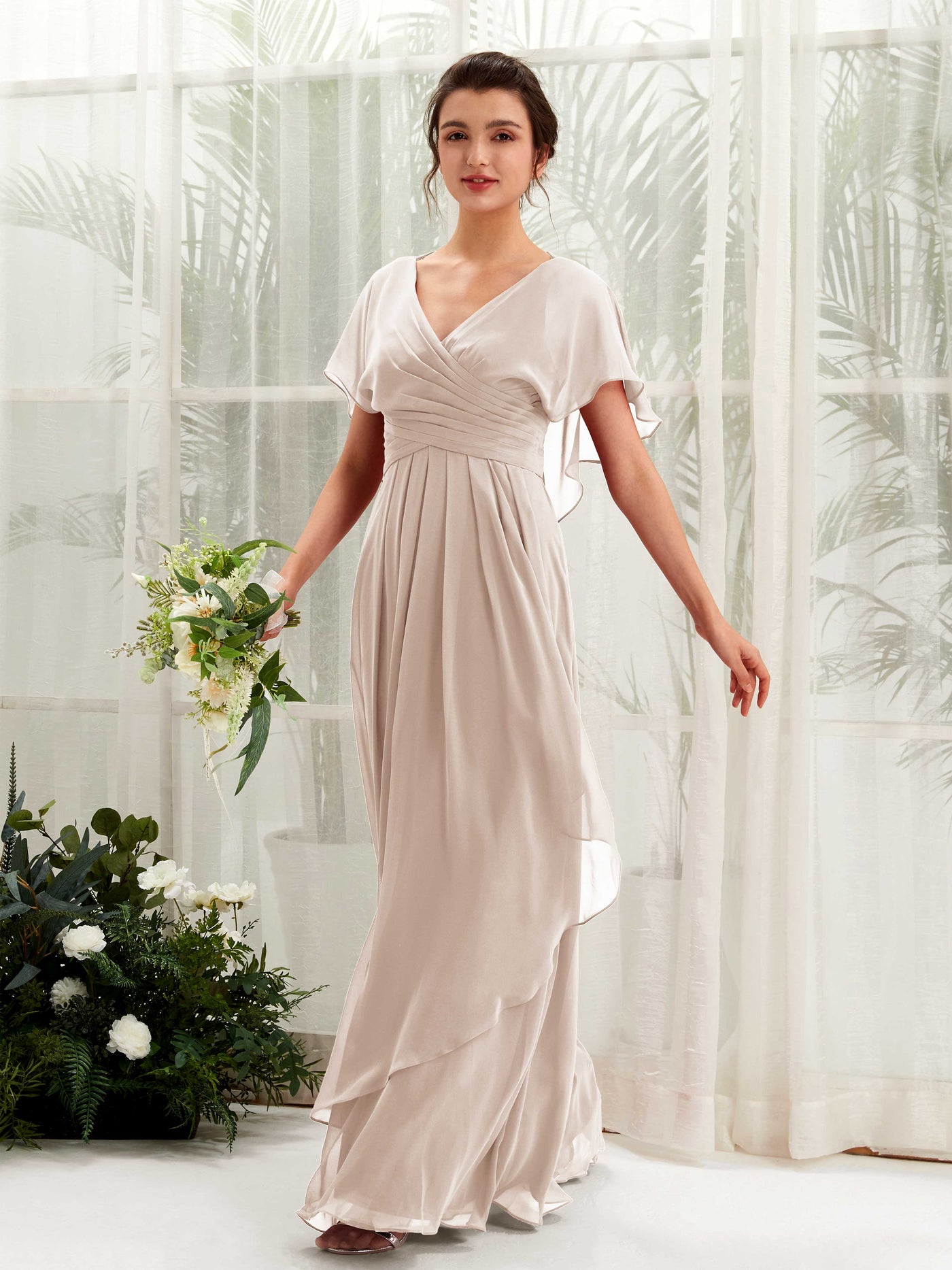 Carlyna A-Linien-Kleid V-Ausschnitt Flatterärmel Brautjungfernkleider Champagner #farbe_champagner
