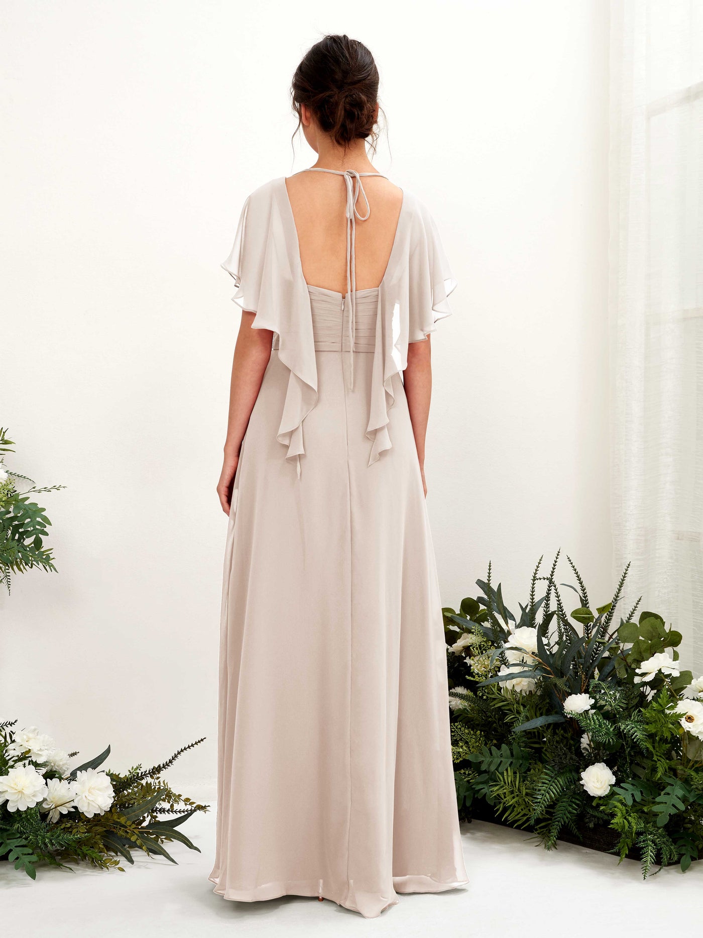 Carlyna A-Linien-Kleid V-Ausschnitt Flatterärmel Brautjungfernkleider Champagner #farbe_champagner