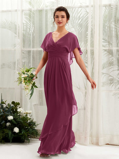 Carlyna A-Linien-Kleid V-Ausschnitt Flatterärmel Brautjungfernkleider Chianti #farbe_chianti