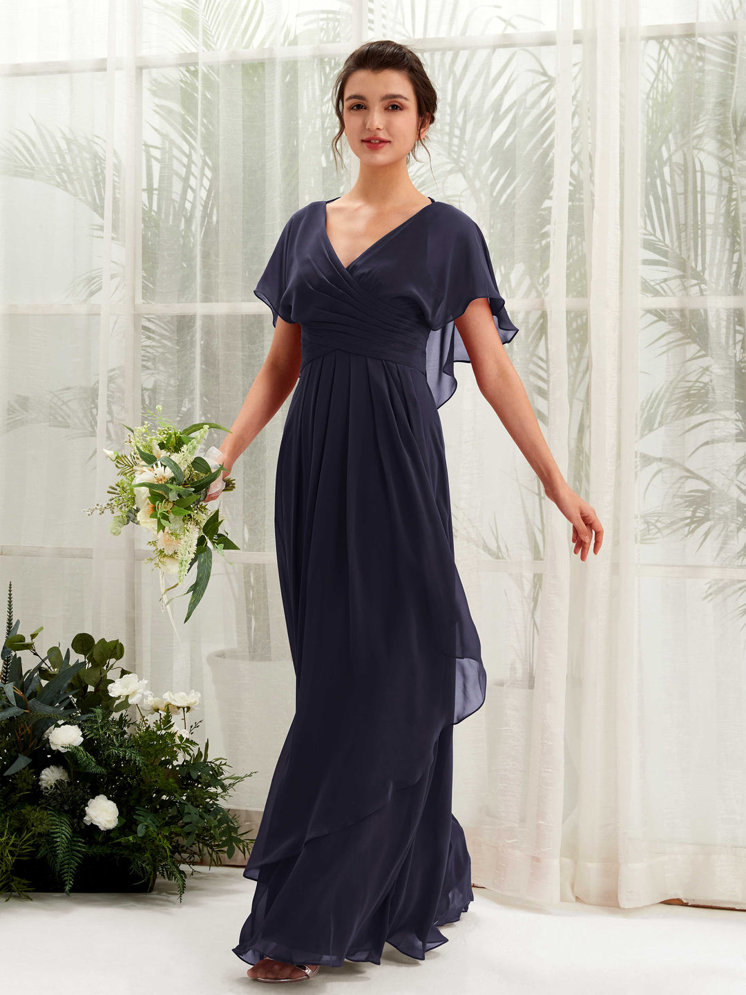 Carlyna A-Linien-Kleid V-Ausschnitt Flatterärmel Brautjungfernkleider Dunkel Marineblau 
