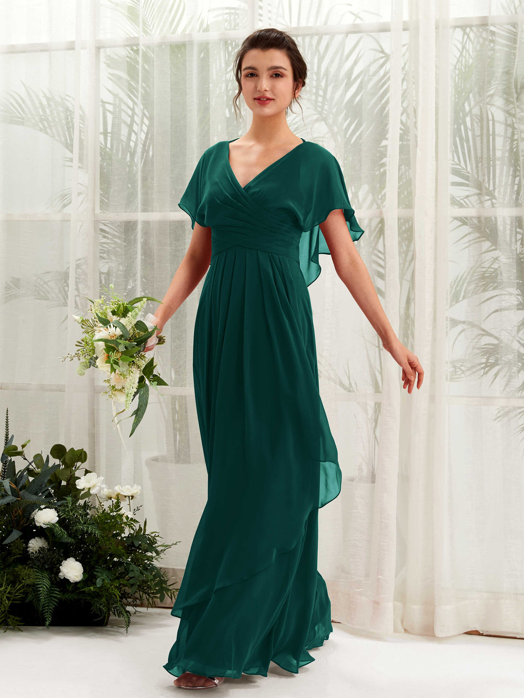 Carlyna A-Linien-Kleid V-Ausschnitt Flatterärmel Brautjungfernkleider Dunkelsmaragd 