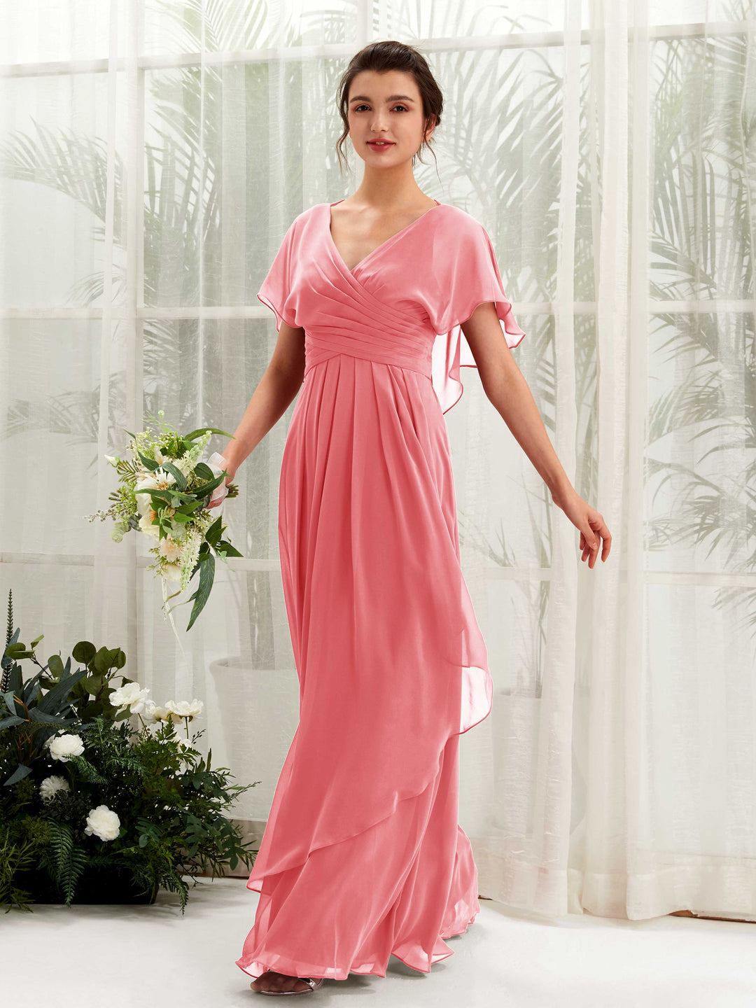 Carlyna A-Linien-Kleid V-Ausschnitt Flatterärmel Brautjungfernkleider Korallenrosa 