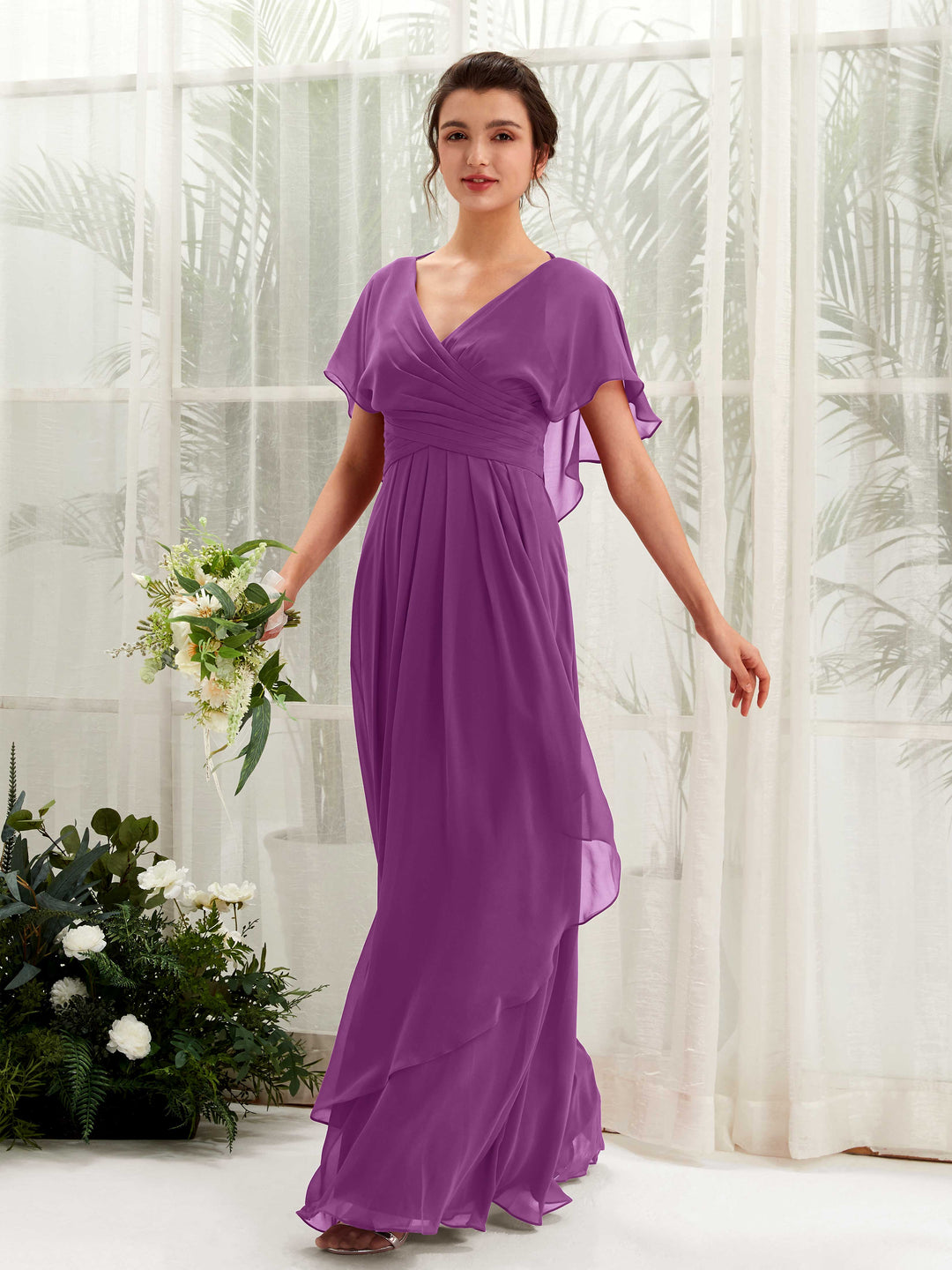Carlyna A-Linien-Kleid V-Ausschnitt Flatterärmel Brautjungfernkleider Lila 