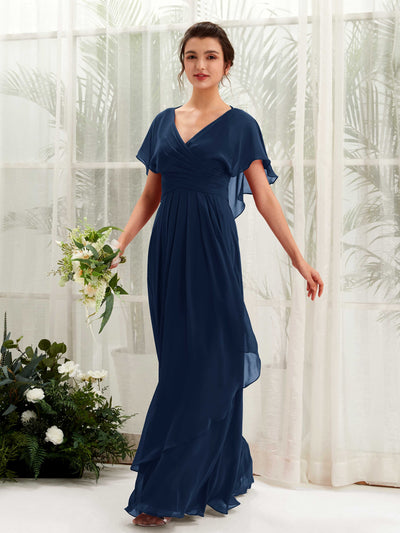 Carlyna A-Linien-Kleid V-Ausschnitt Flatterärmel Brautjungfernkleider Marineblau #farbe_marineblau