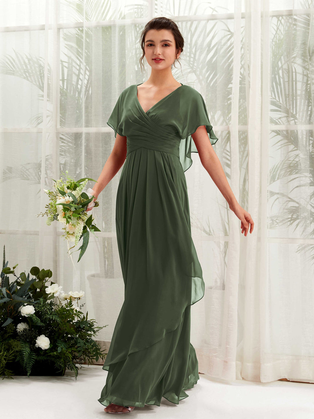 Carlyna A-Linien-Kleid V-Ausschnitt Flatterärmel Brautjungfernkleider Martini-Olive 