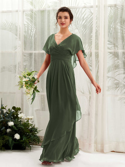 Carlyna A-Linien-Kleid V-Ausschnitt Flatterärmel Brautjungfernkleider Martini-Olive #farbe_martini-olive