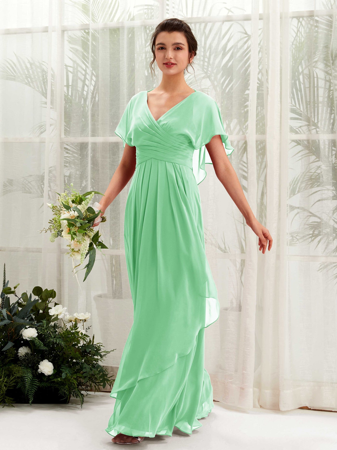 Carlyna A-Linien-Kleid V-Ausschnitt Flatterärmel Brautjungfernkleider Minzgrün #farbe_minzgr-n