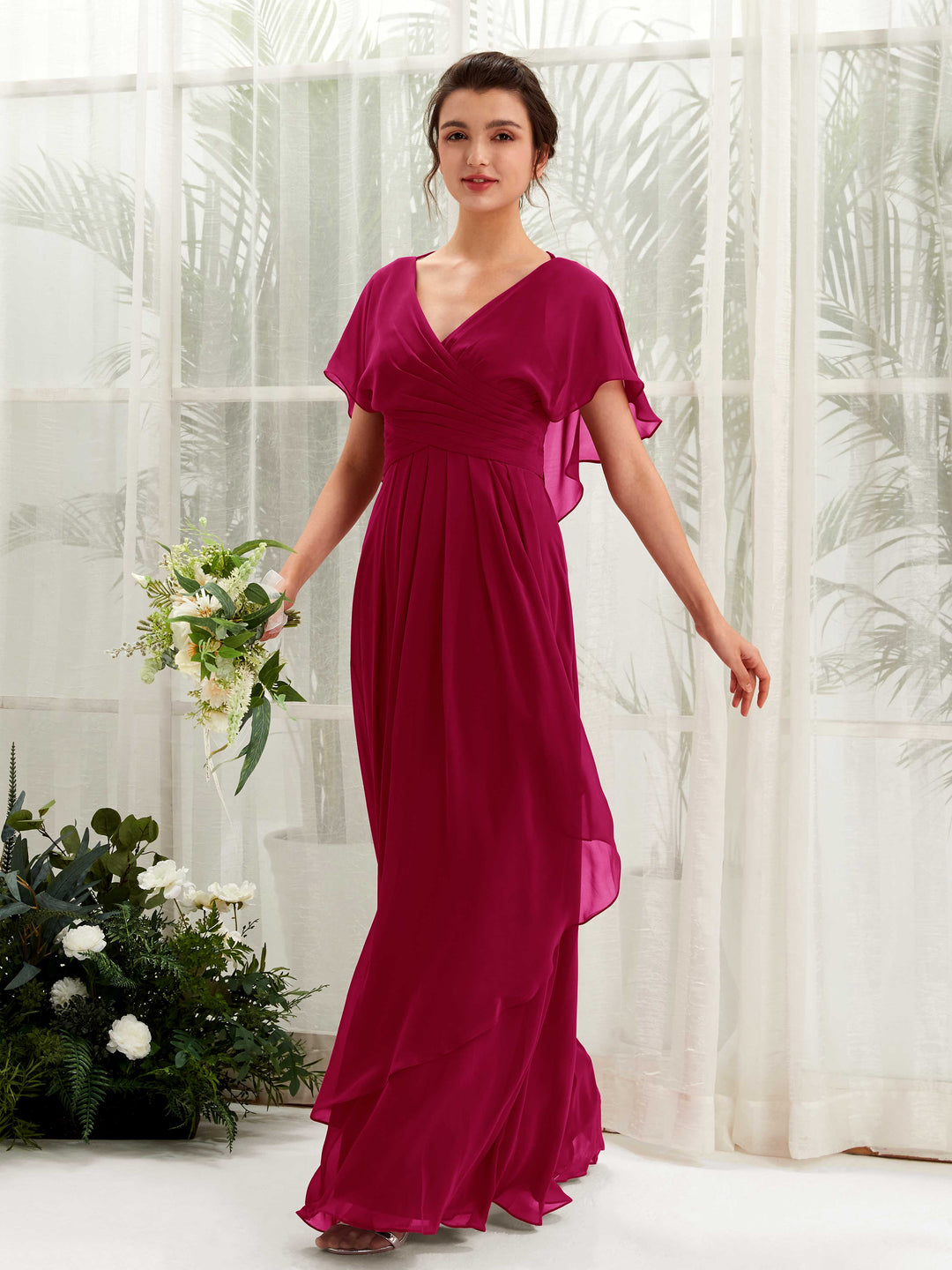 Carlyna A-Linien-Kleid V-Ausschnitt Flatterärmel Brautjungfernkleider Narrenrot 