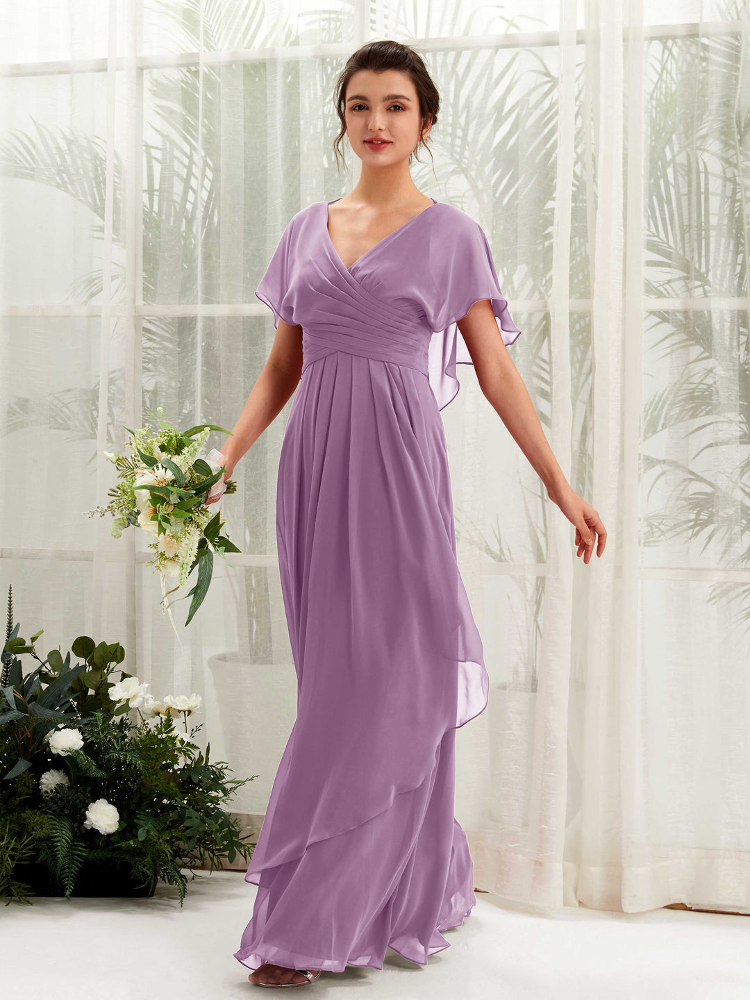 Carlyna A-Linien-Kleid V-Ausschnitt Flatterärmel Brautjungfernkleider Orchideen-Nebel 
