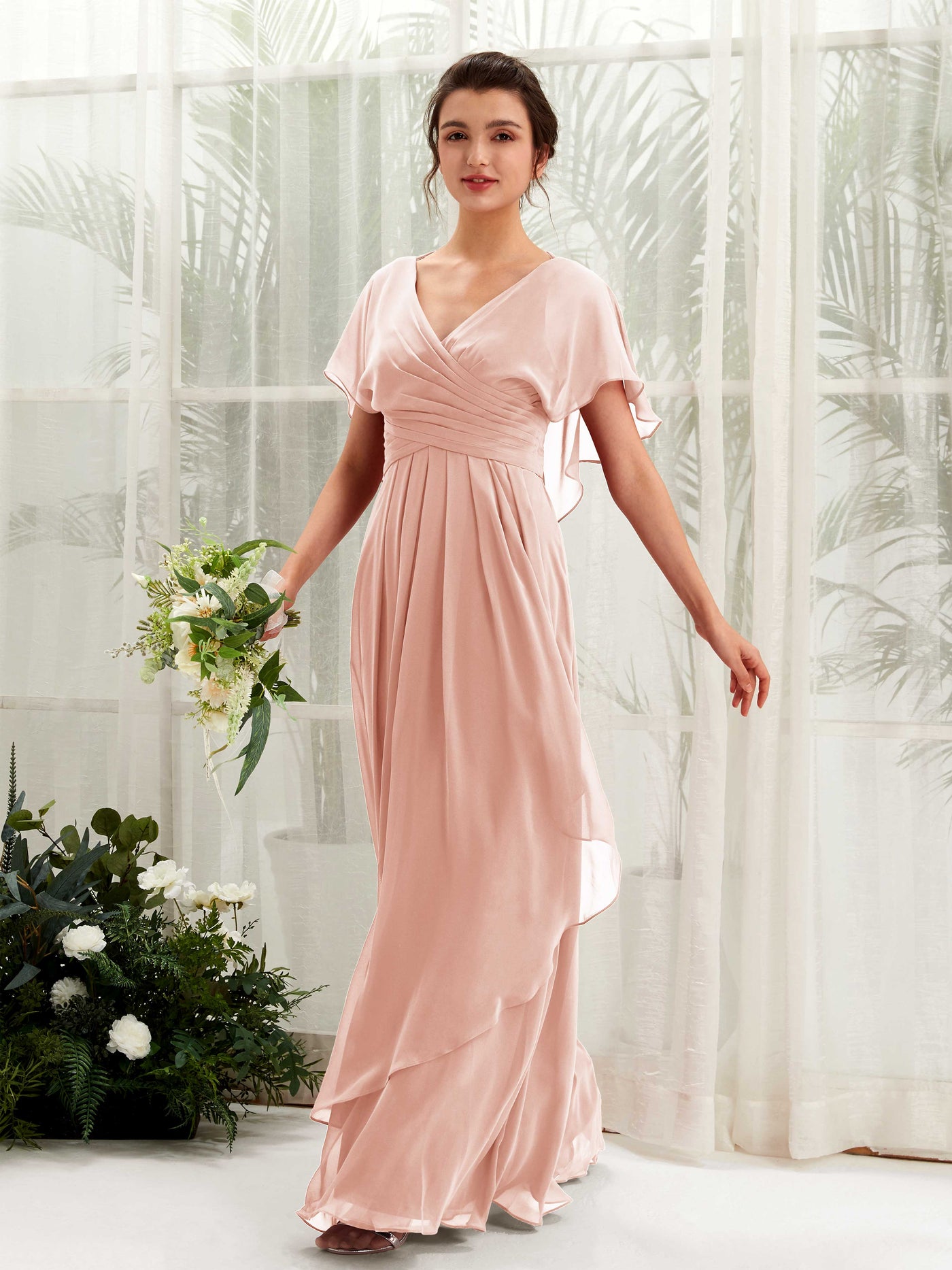 Carlyna A-Linien-Kleid V-Ausschnitt Flatterärmel Brautjungfernkleider Perlrosa #farbe_perlrosa