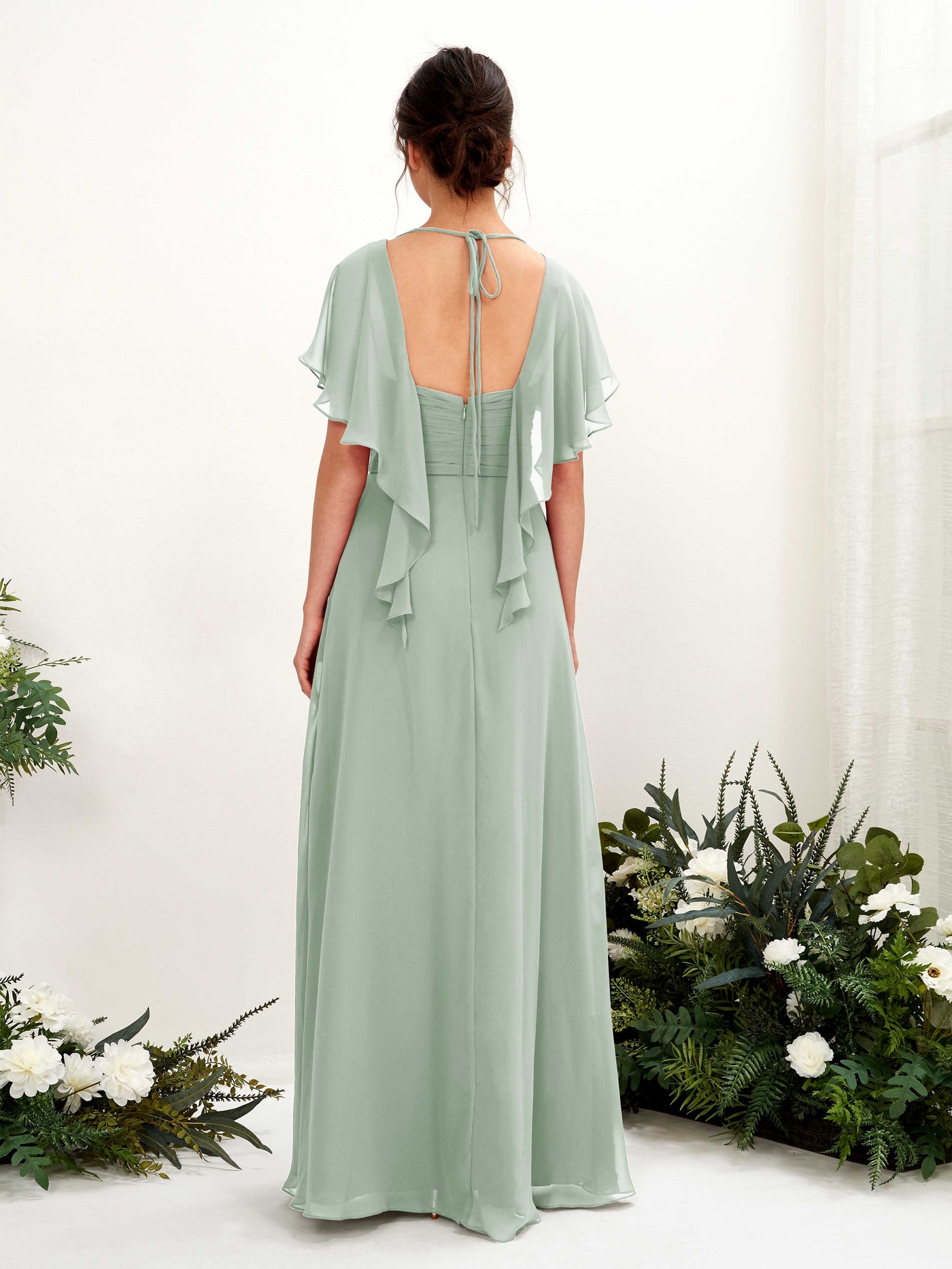 Carlyna A-Linien-Kleid V-Ausschnitt Flatterärmel Brautjungfernkleider Salbeigrün #farbe_salbeigr-n