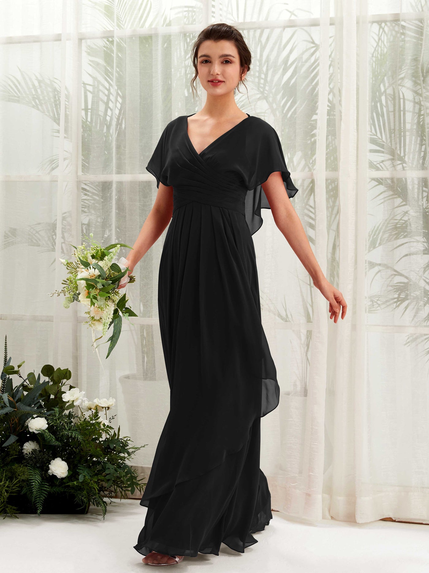 Carlyna A-Linien-Kleid V-Ausschnitt Flatterärmel Brautjungfernkleider Schwarz #farbe_schwarz