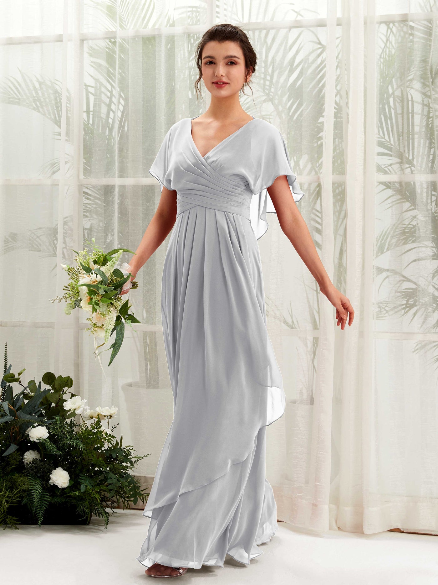 Carlyna A-Linien-Kleid V-Ausschnitt Flatterärmel Brautjungfernkleider Silber #farbe_silber