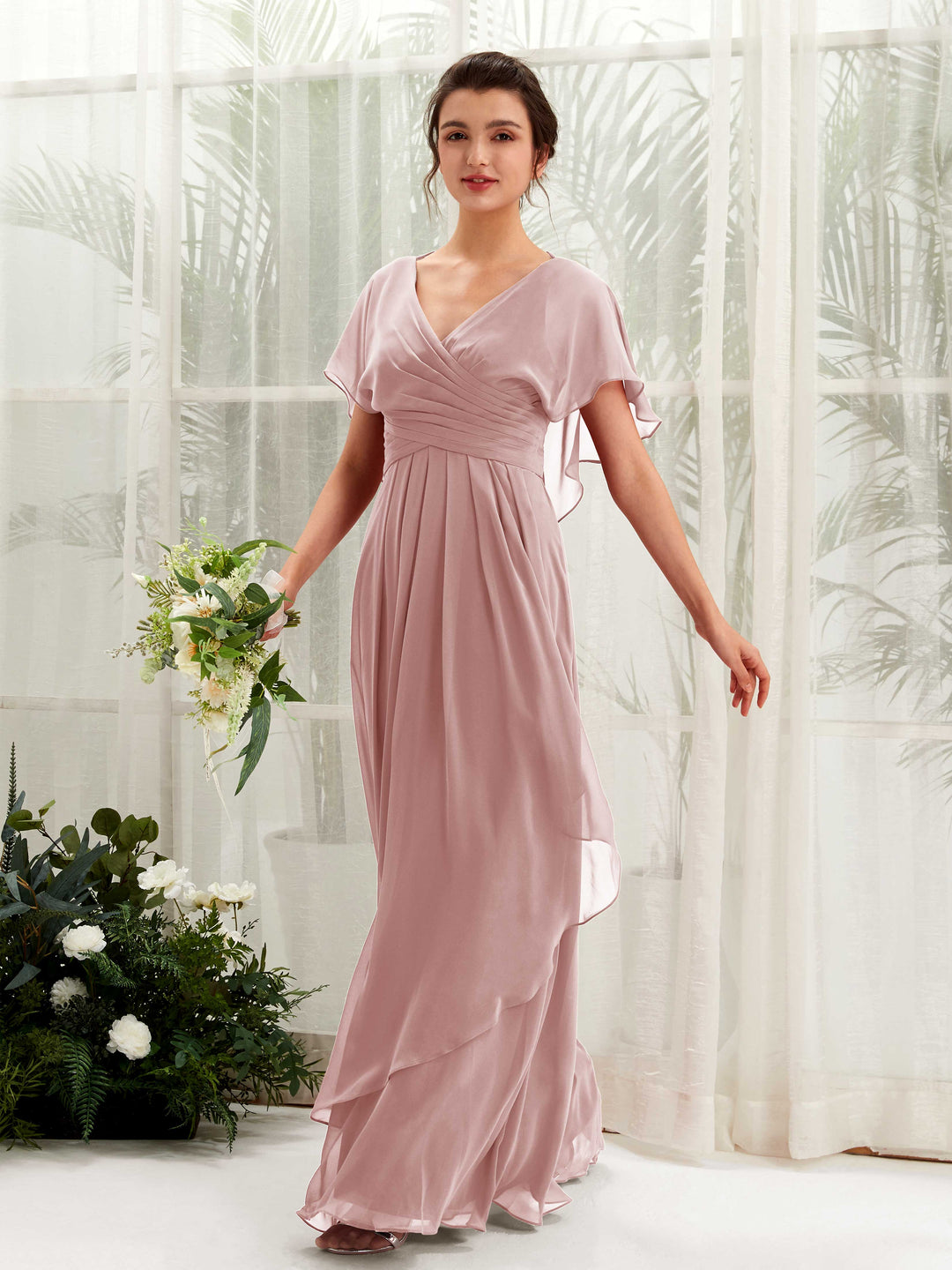 Carlyna A-Linien-Kleid V-Ausschnitt Flatterärmel Brautjungfernkleider Staubige Rose 