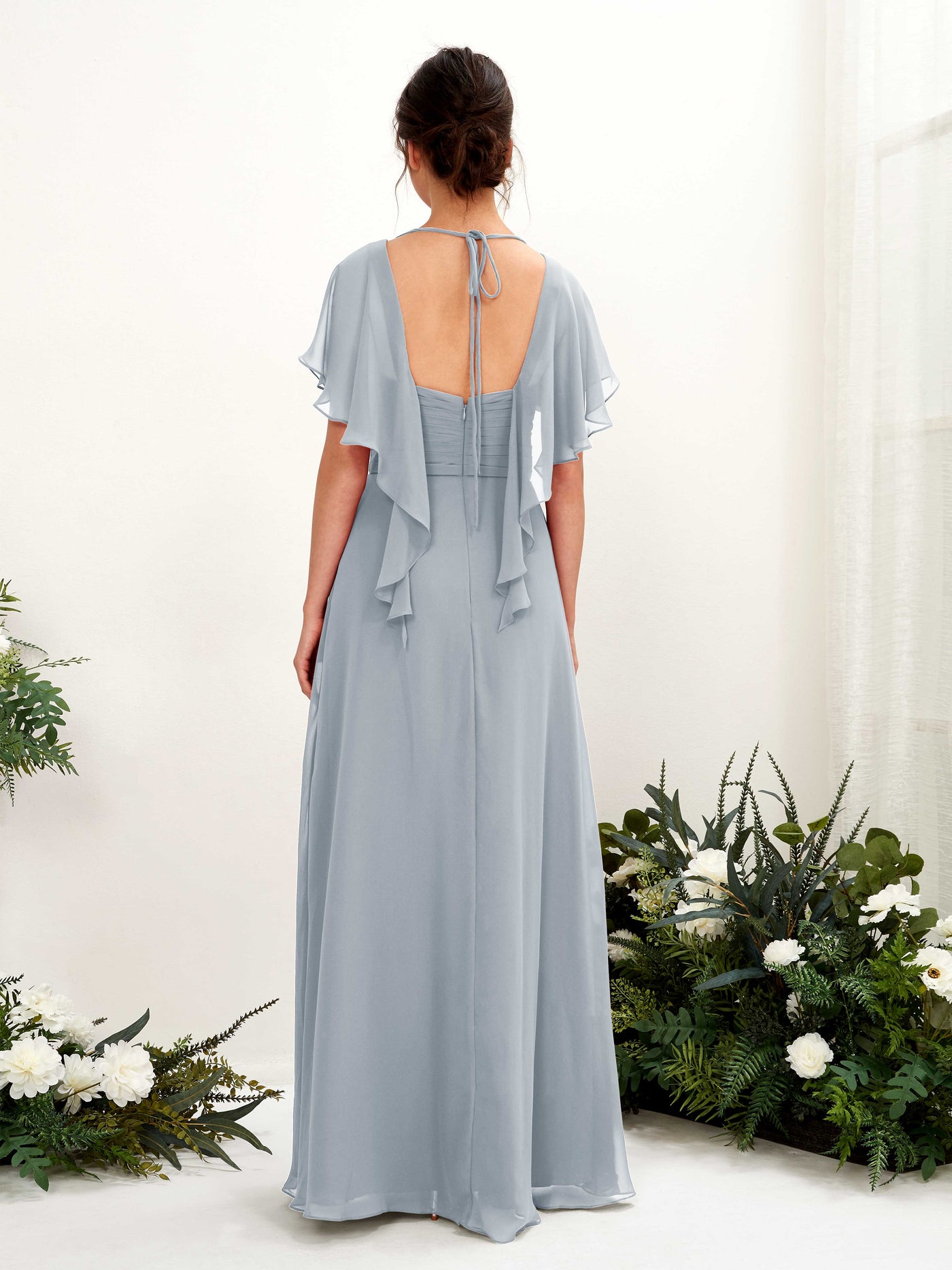 Carlyna A-Linien-Kleid V-Ausschnitt Flatterärmel Brautjungfernkleider Staubiges Blau-Upgrade #farbe_staubiges-blau-upgrade