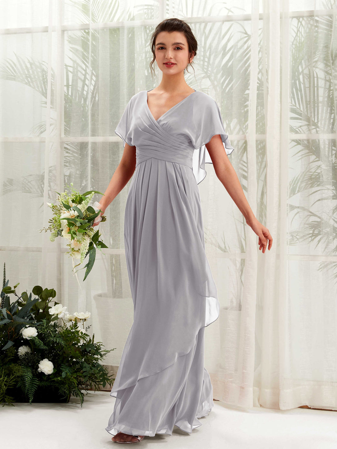 Carlyna A-Linien-Kleid V-Ausschnitt Flatterärmel Brautjungfernkleider Taube 