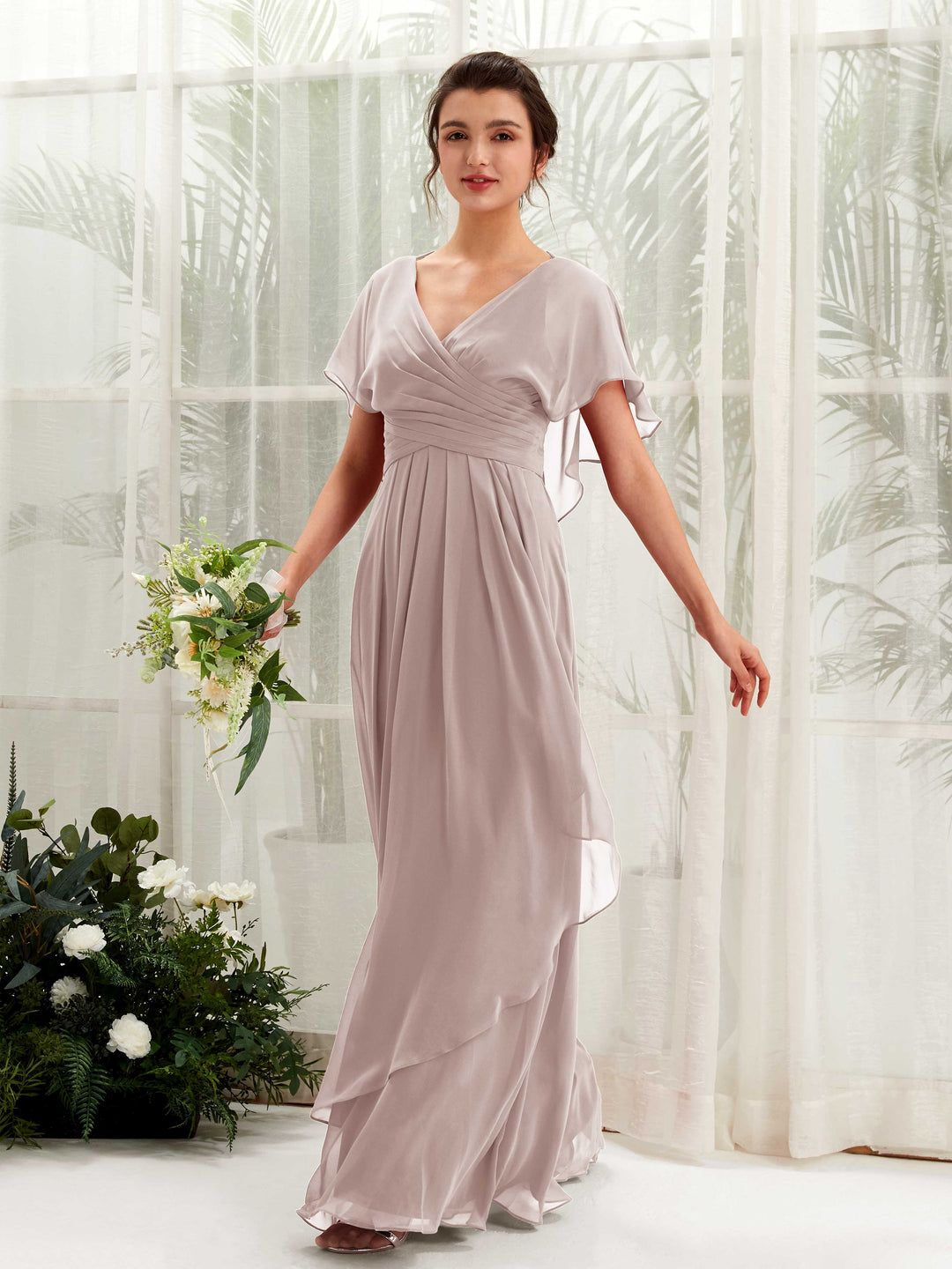 Carlyna A-Linien-Kleid V-Ausschnitt Flatterärmel Brautjungfernkleider Taupe 