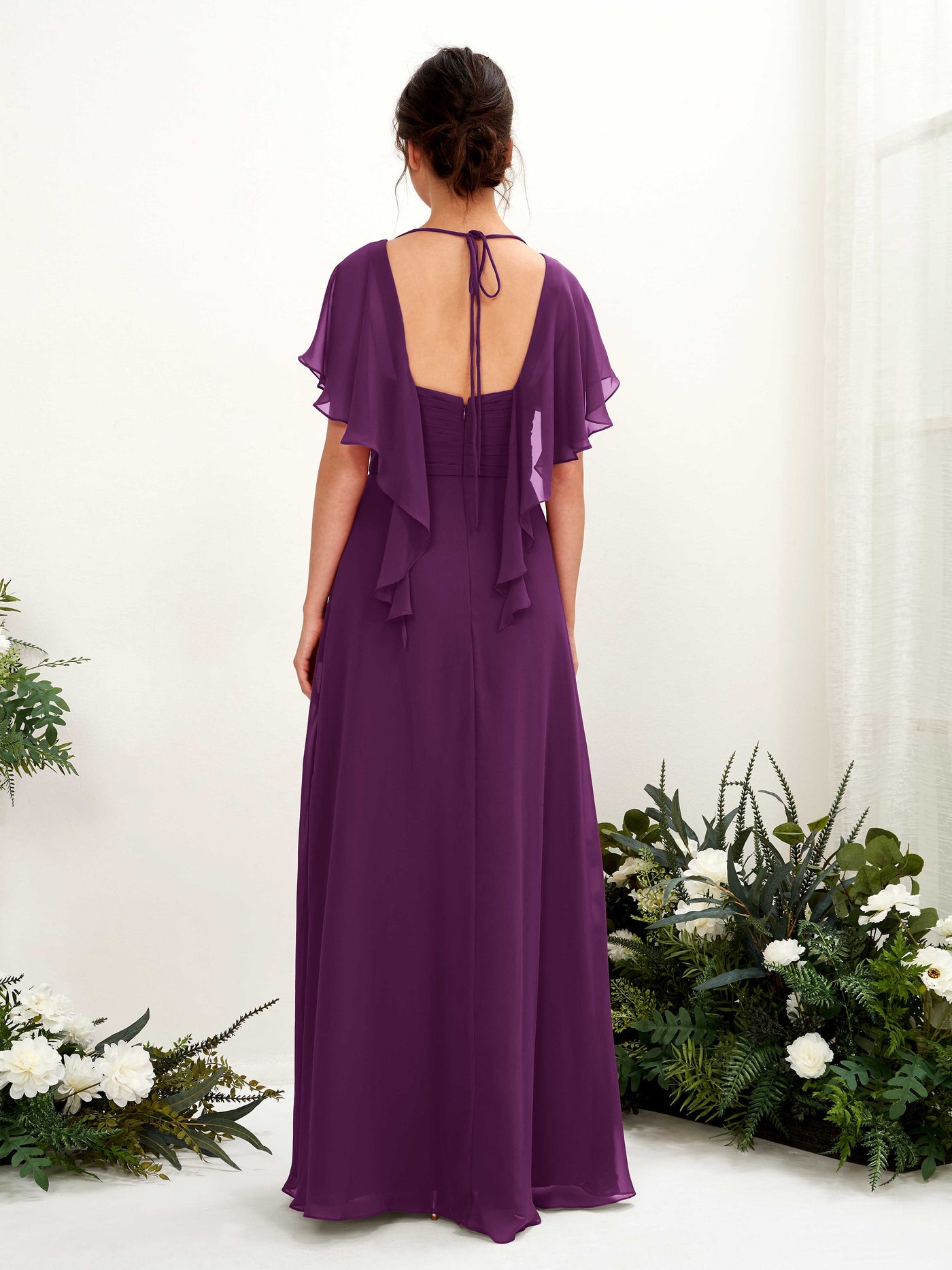Carlyna A-Linien-Kleid V-Ausschnitt Flatterärmel Brautjungfernkleider Traube #farbe_traube