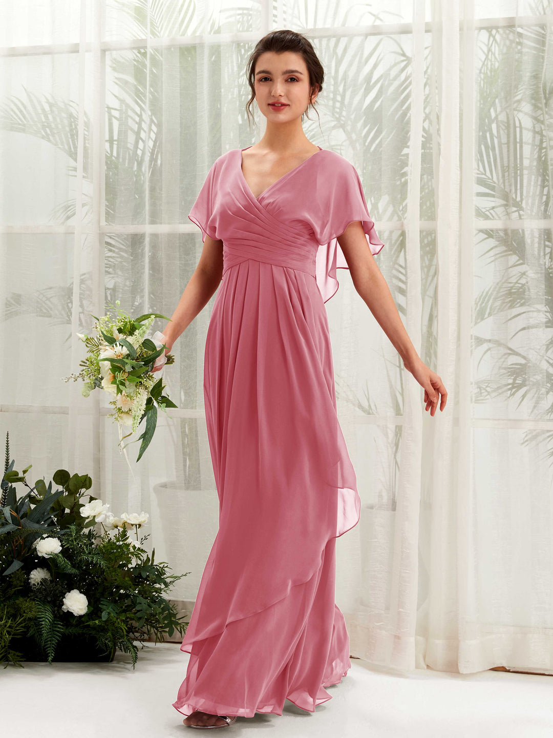 Carlyna A-Linien-Kleid V-Ausschnitt Flatterärmel Brautjungfernkleider Wüstenrose 