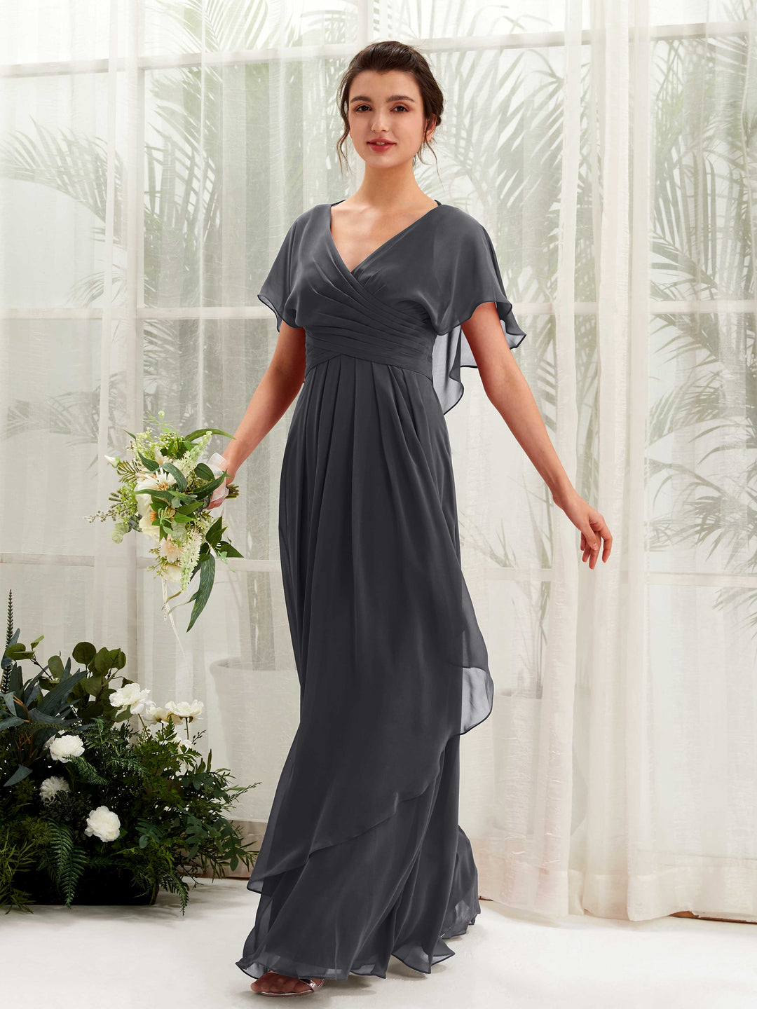 Carlyna A-Linien-Kleid V-Ausschnitt Flatterärmel Brautjungfernkleider Zinnfarben 